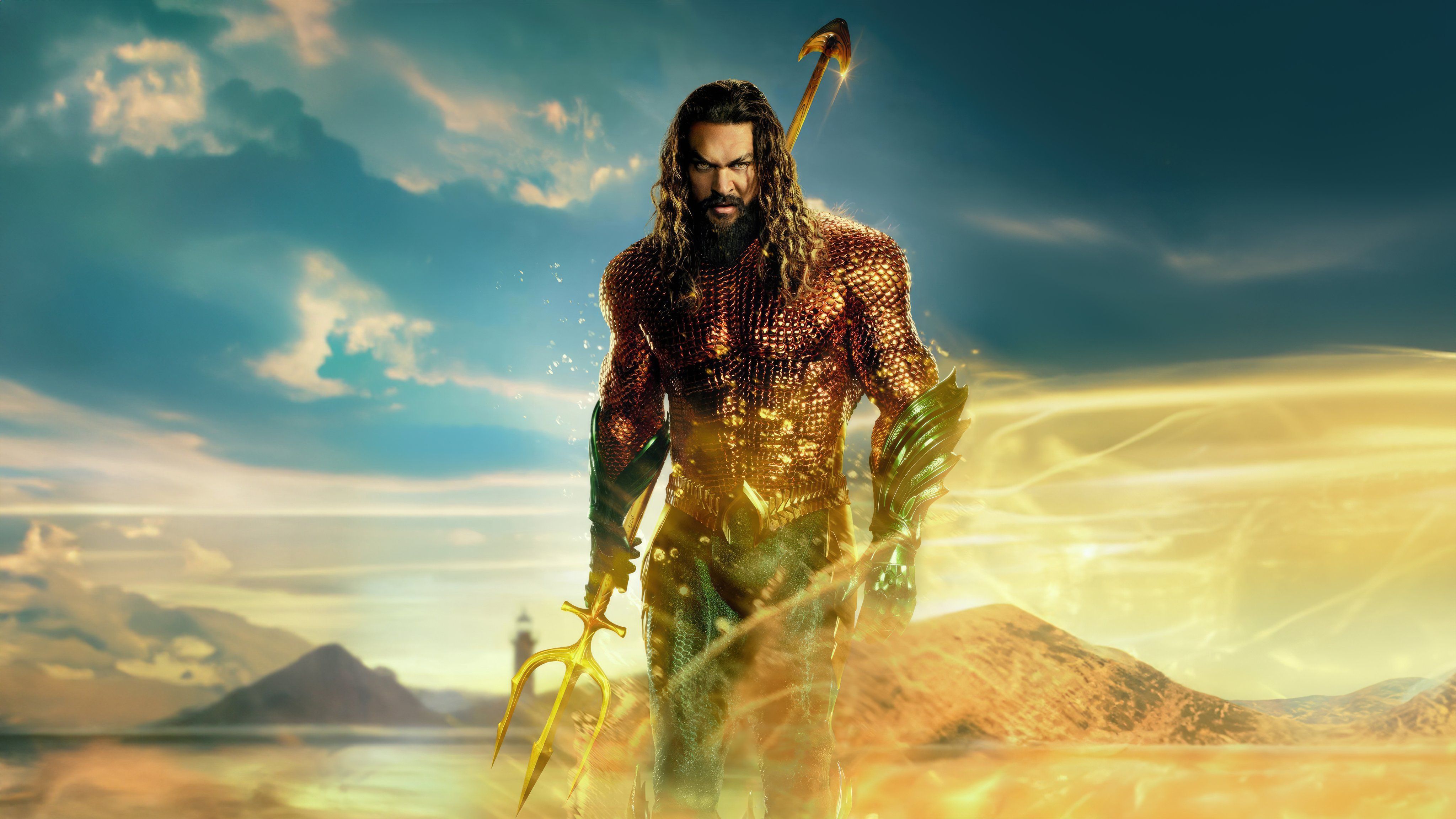 Aquaman, Jason Momoa, Aquaman: Lost Kingdom, Dreizack, Goldenes Licht, 4K, Laptop-Hintergrundbild