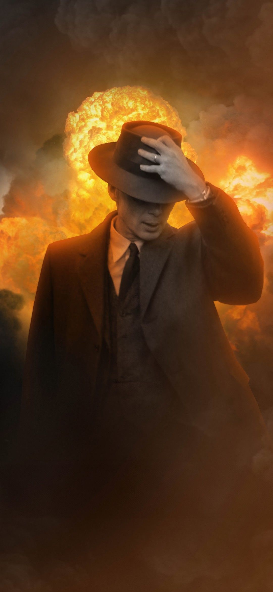 Oppenheimer, Cillian Murphy, Hut, Feuer, Filmplakat, Hintergrundbild für iPhone und Android