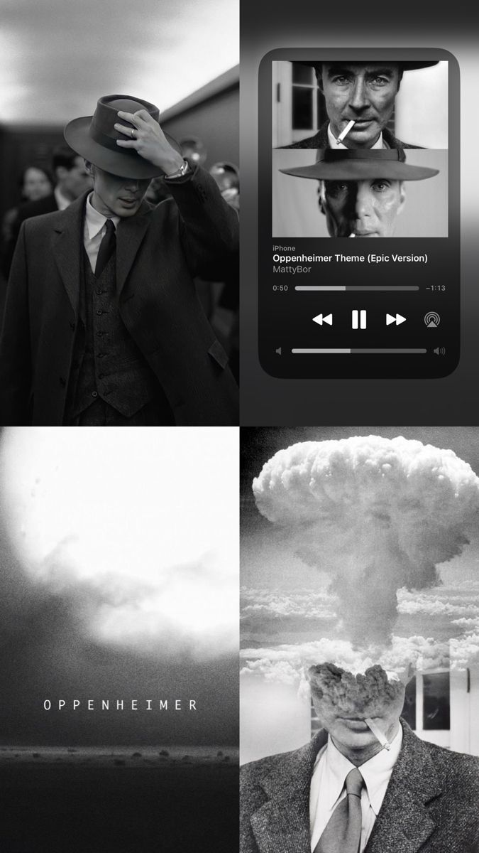 Oppenheimer, Cillian Murphy, Atompilz, Collage, Schwarz-Weiß, Sperrbildschirm fürs iPhone