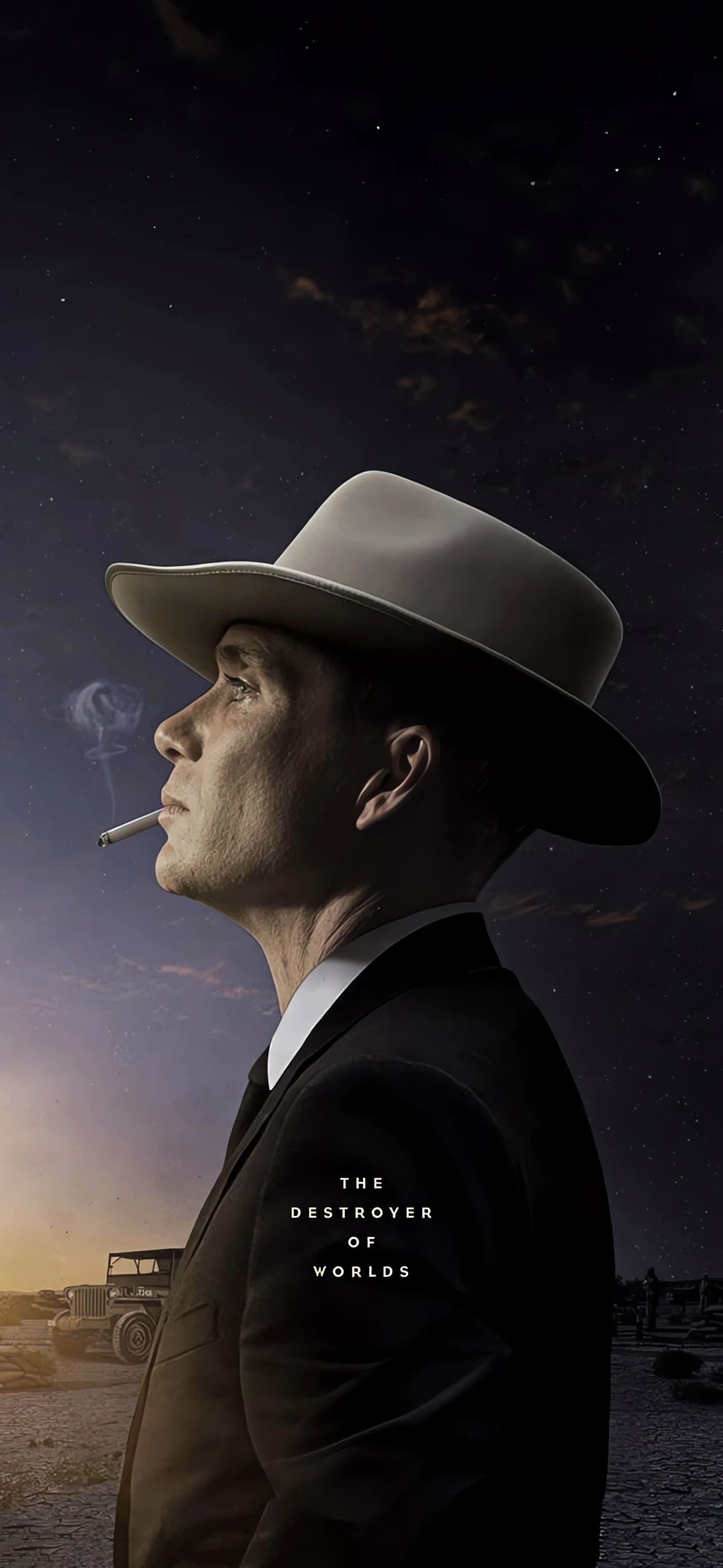 Oppenheimer, Cillian Murphy, Zigarette, Profil, Nachthimmel, Hintergrundbild fürs Handy