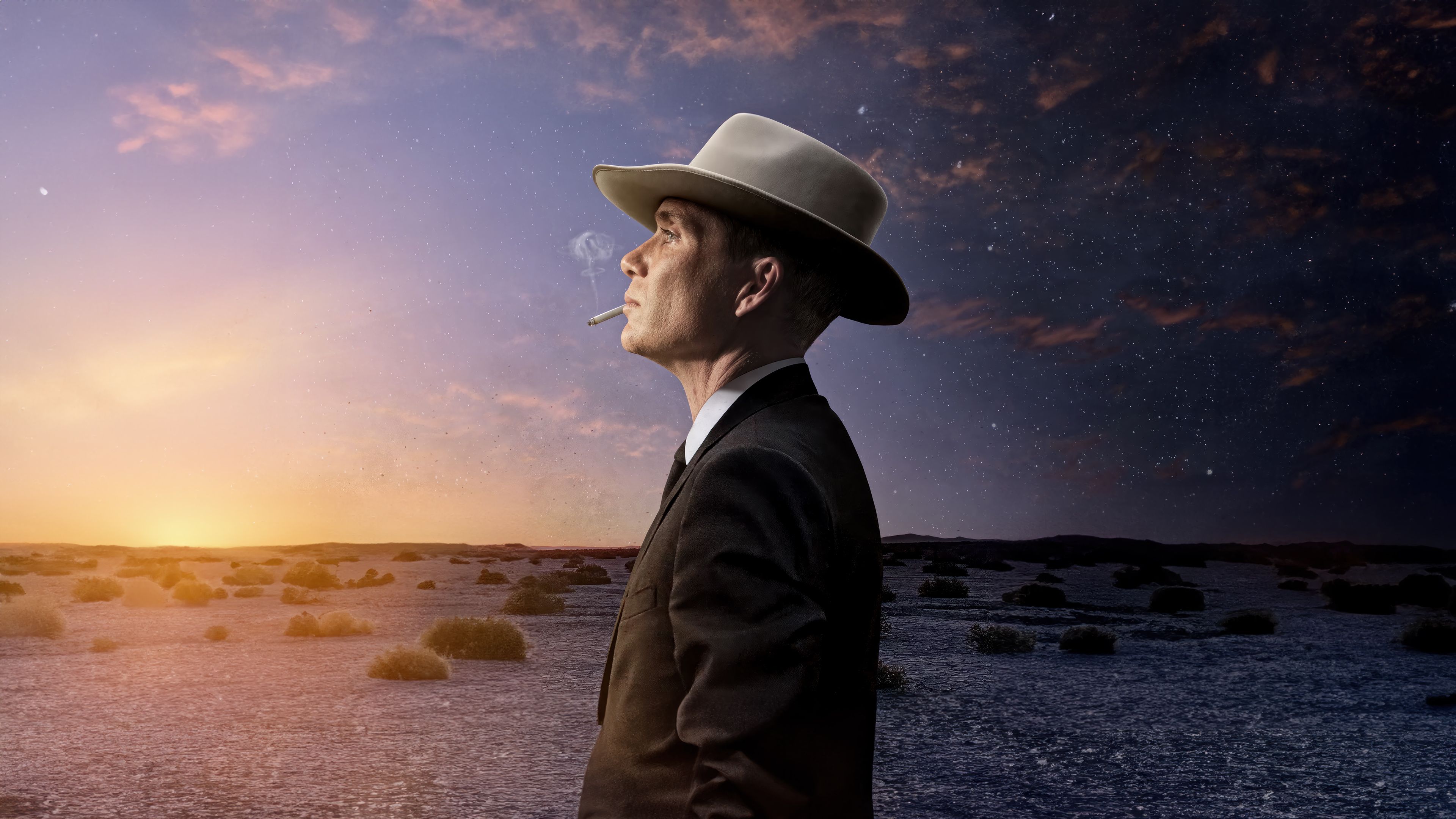 Oppenheimer, Cillian Murphy, Wüste, Sonnenaufgang, Zigarette, Hut, 3840x2160, PC-Hintergrundbild