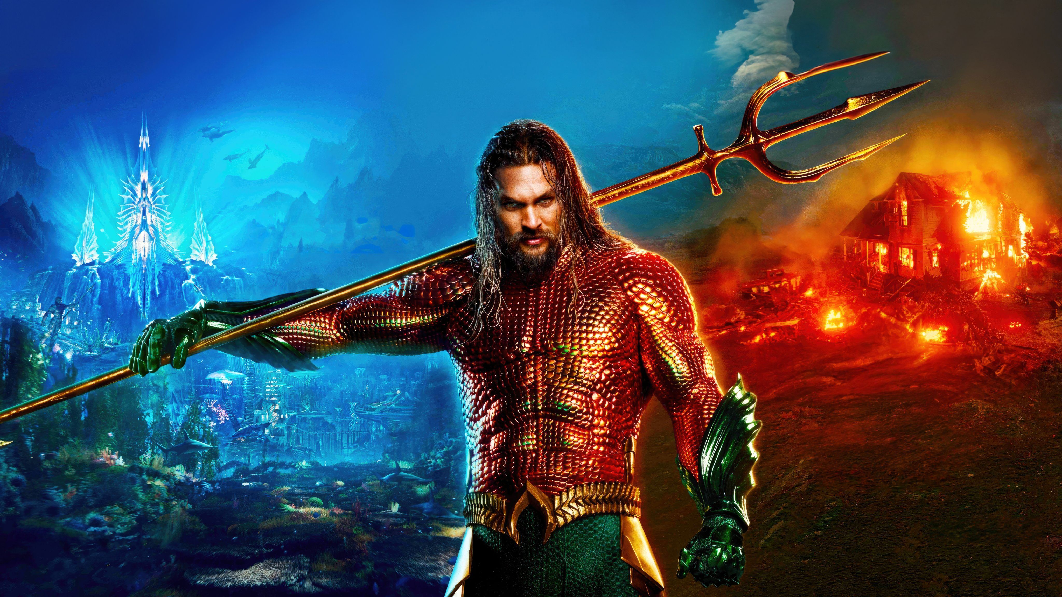 Aquaman, Jason Momoa, Aquaman: Lost Kingdom, Atlantis, Feuer, Dreizack, 4K, Breitbild-Hintergrundbild