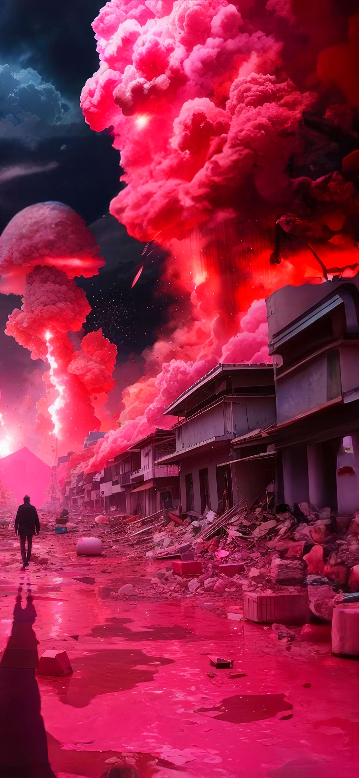 Oppenheimer, Atompilz, Pinker Himmel, Zerstörung, Fanart, 1170x2532, Handy-Hintergrund