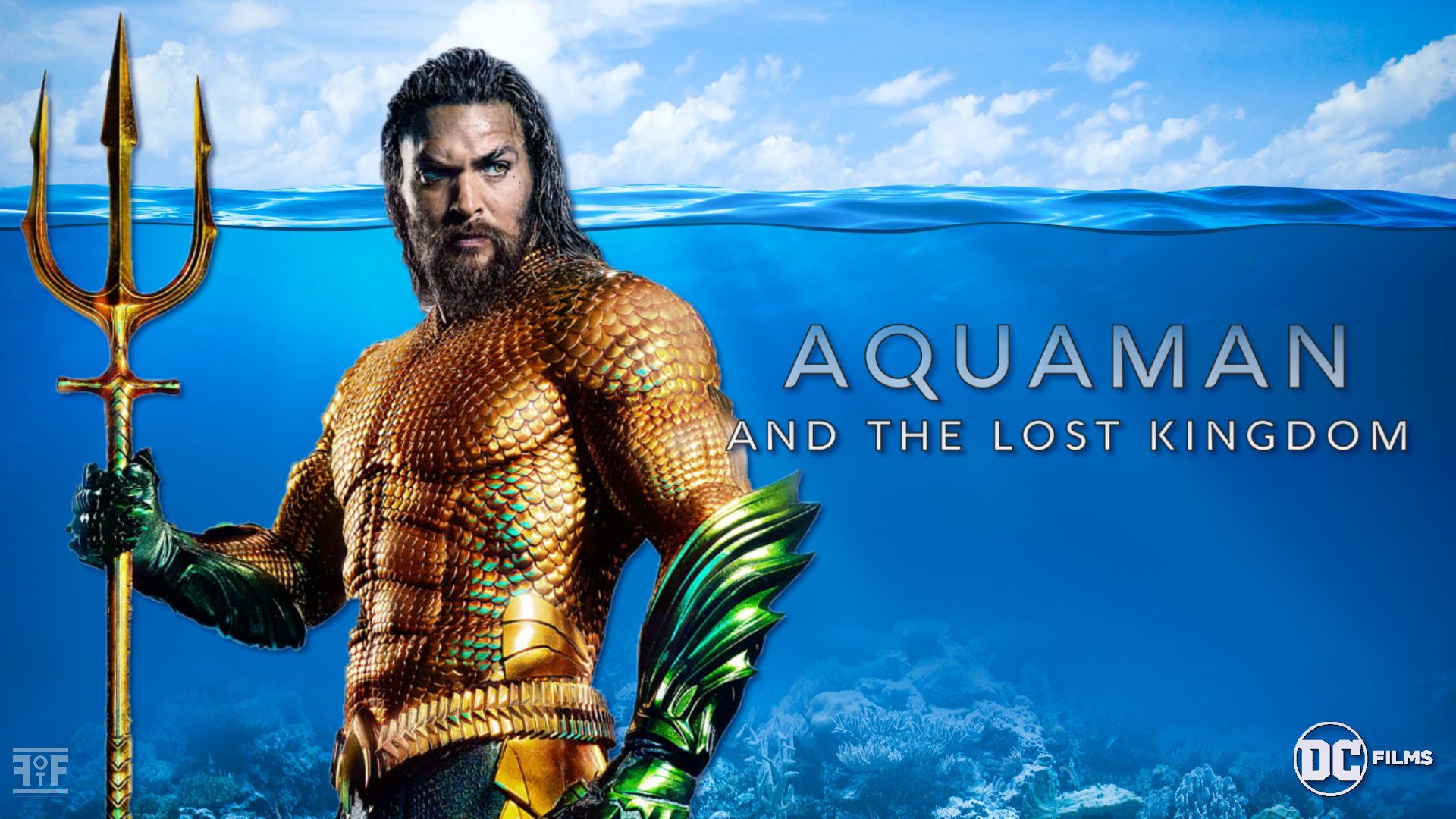 Aquaman: Lost Kingdom, Aquaman, Jason Momoa, Dreizack, Unterwasser, Schriftzug, Full-HD-Hintergrund