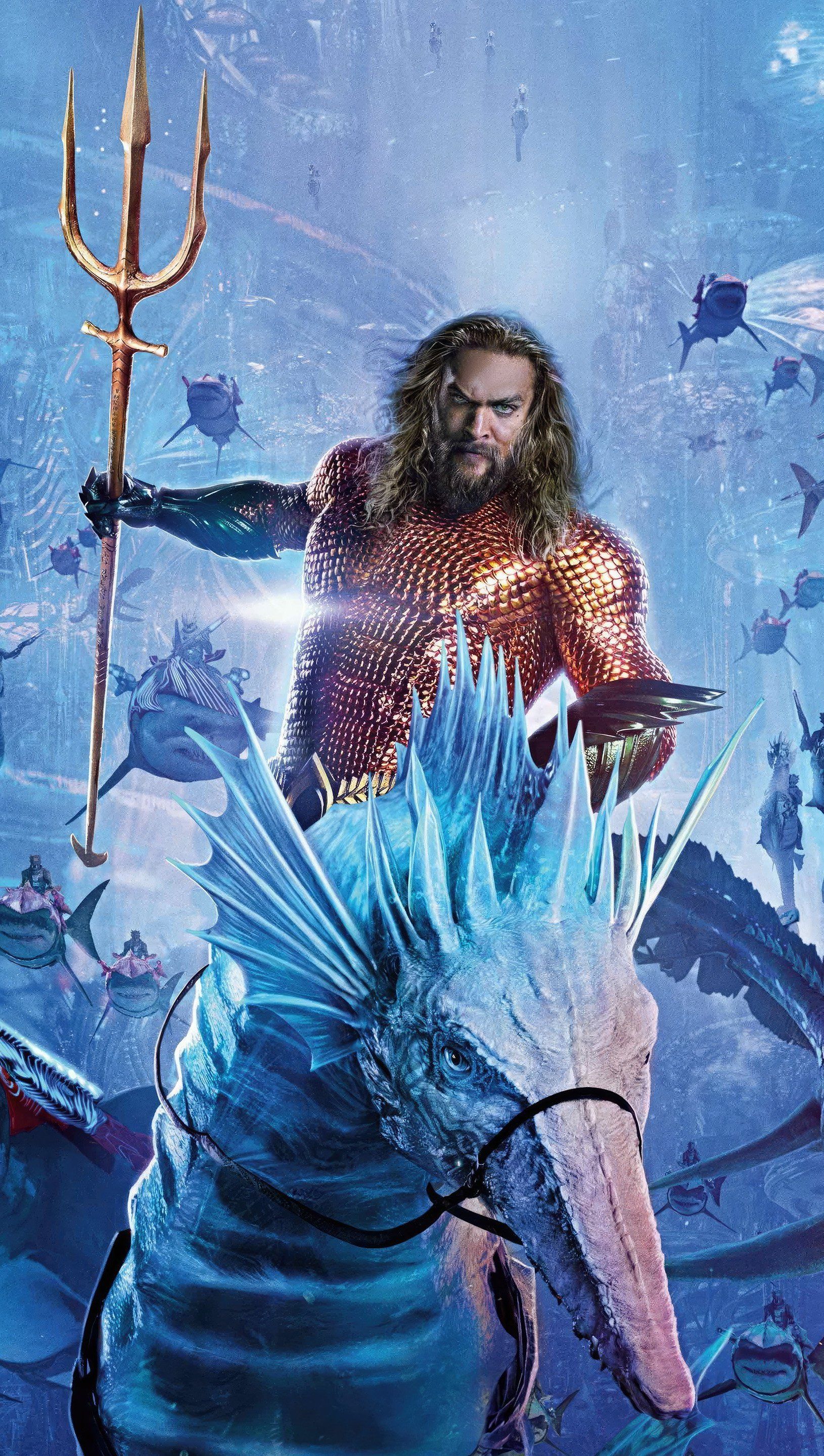 Aquaman, Jason Momoa, Aquaman: Lost Kingdom, Seepferdchen, Dreizack, QHD+, iPhone-Hintergrundbild