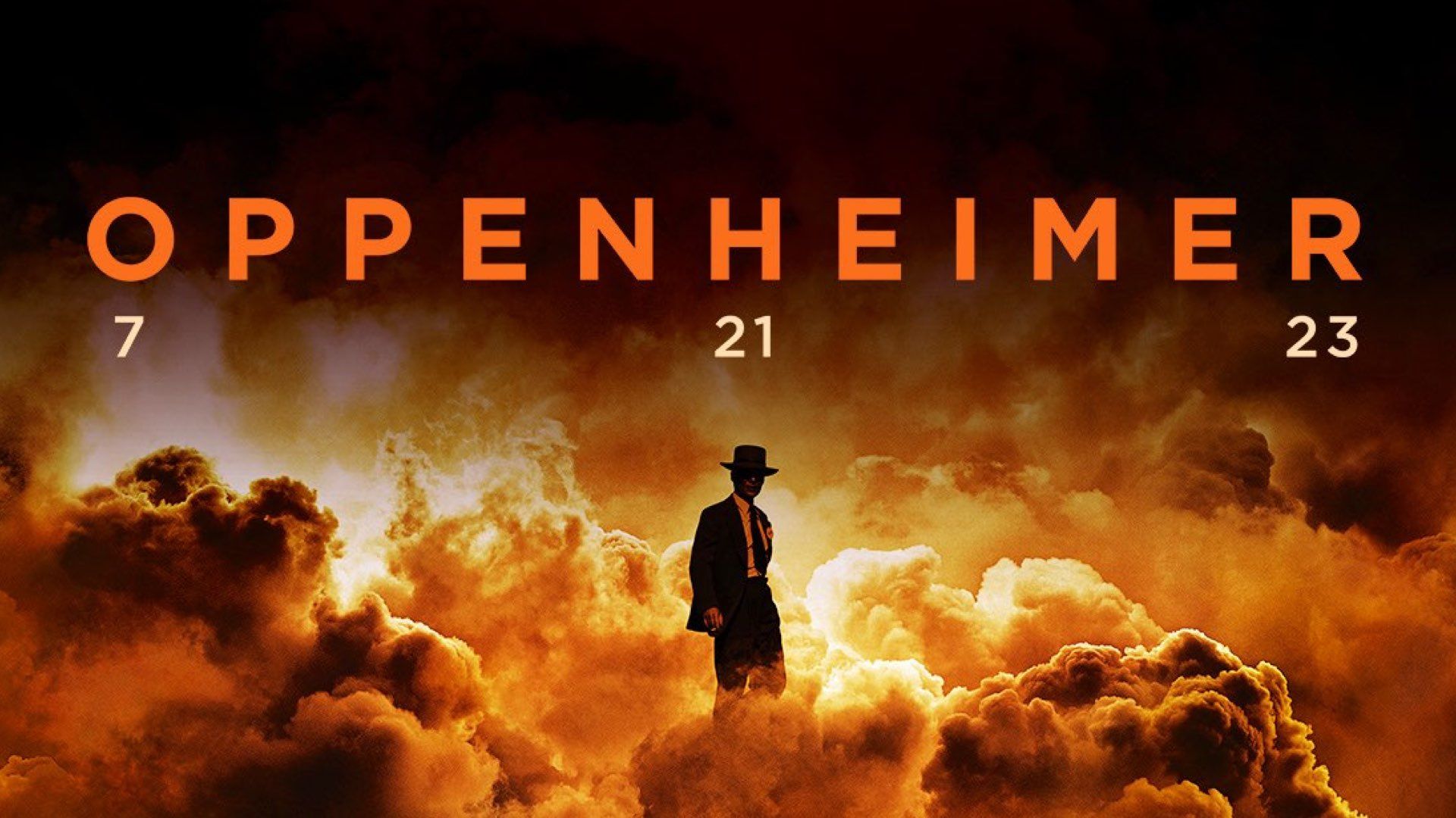 Oppenheimer, Titel, Silhouette, Explosionswolken, Filmplakat, 1920x1080, PC-Hintergrundbild
