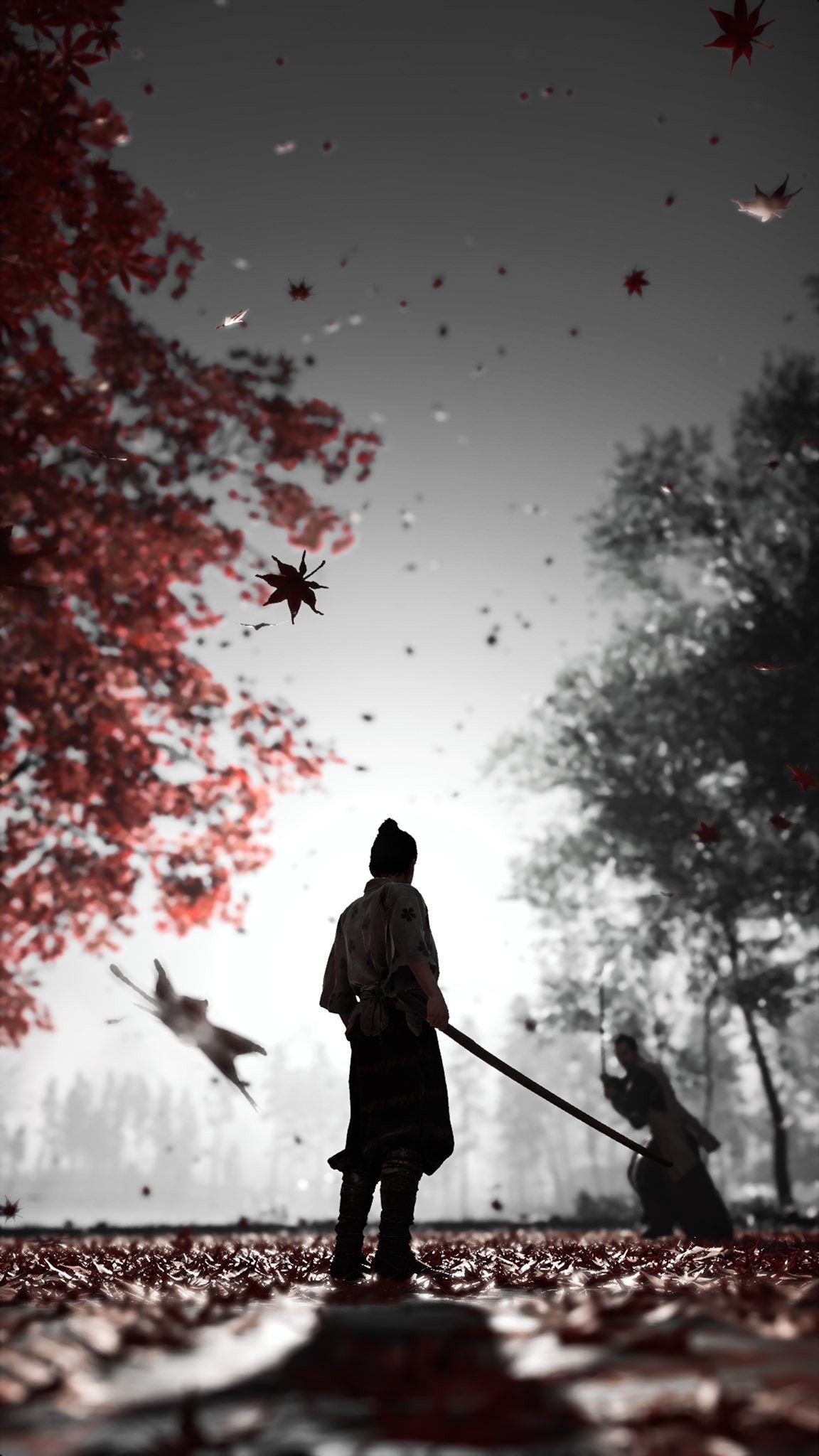 Jin Sakai, Ghost of Tsushima, Samurai, Rote Blätter, Schwarz-Weiß, Duell, Android-Hintergrundbild