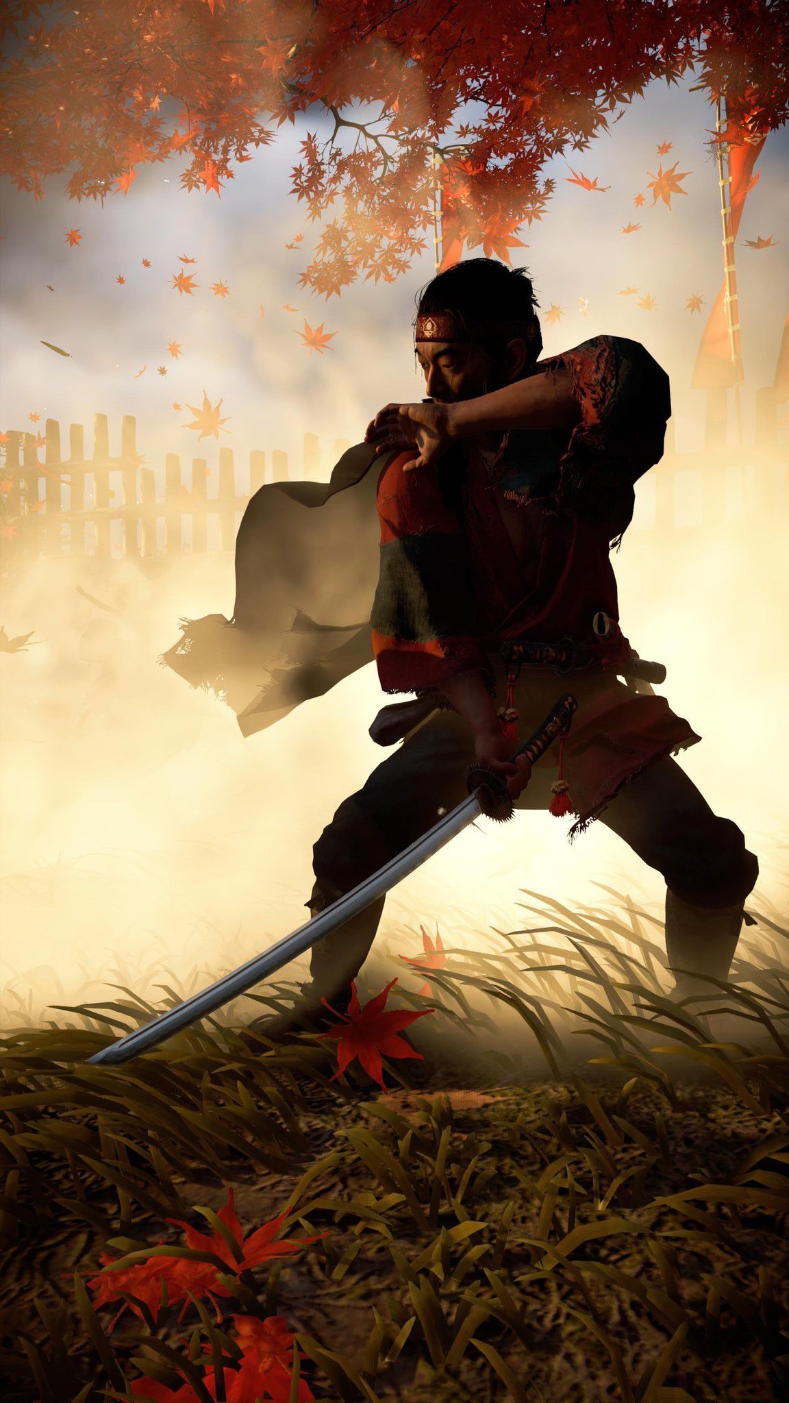 Jin Sakai, Ghost of Tsushima, Katana, Kampfpose, Goldenes Licht, Hintergrundbild fürs Handy