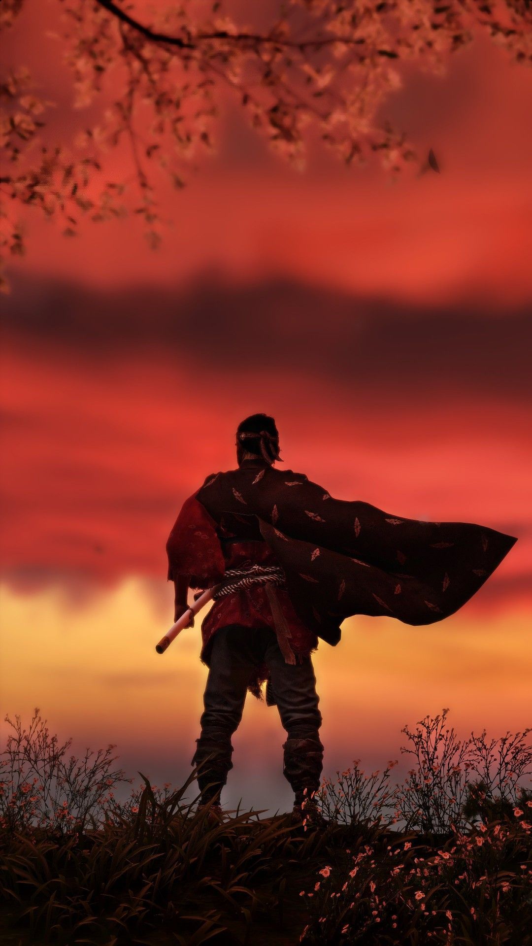 Jin Sakai, Ghost of Tsushima, Silhouette, Roter Himmel, Sonnenuntergang, Full HD, Handy-Hintergrundbild