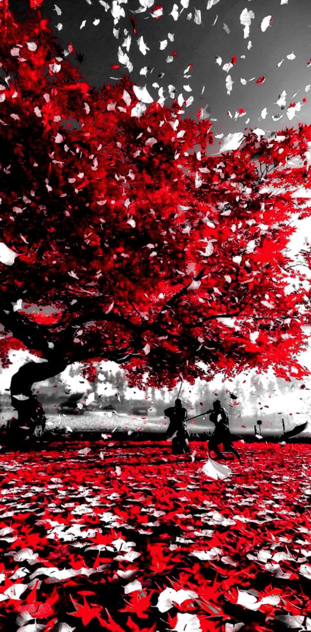 Ghost of Tsushima, Rote Blätter, Ahornbaum, Herbst, Weiße Landschaft, Sperrbildschirm fürs iPhone