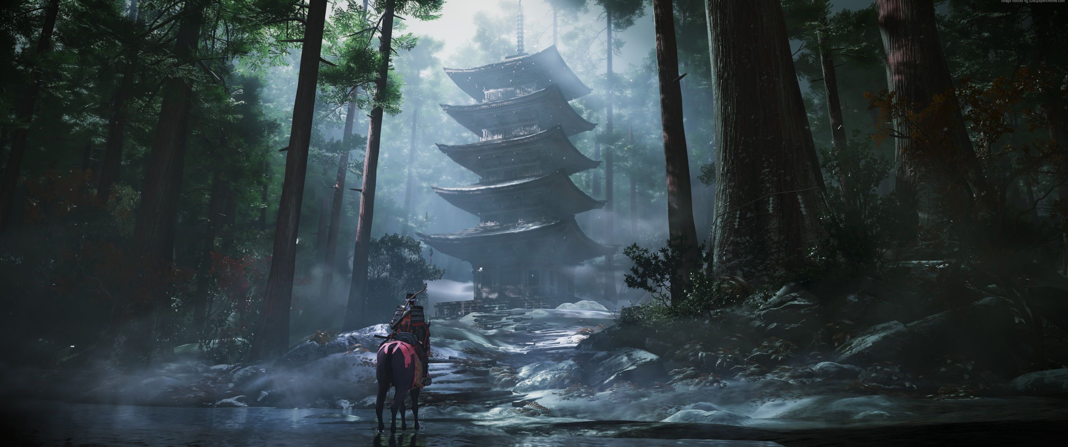 Ghost of Tsushima, Pagode, Wald, Reiter, Nebel, Regen, 21:9, 2K-Hintergrundbild für den Desktop