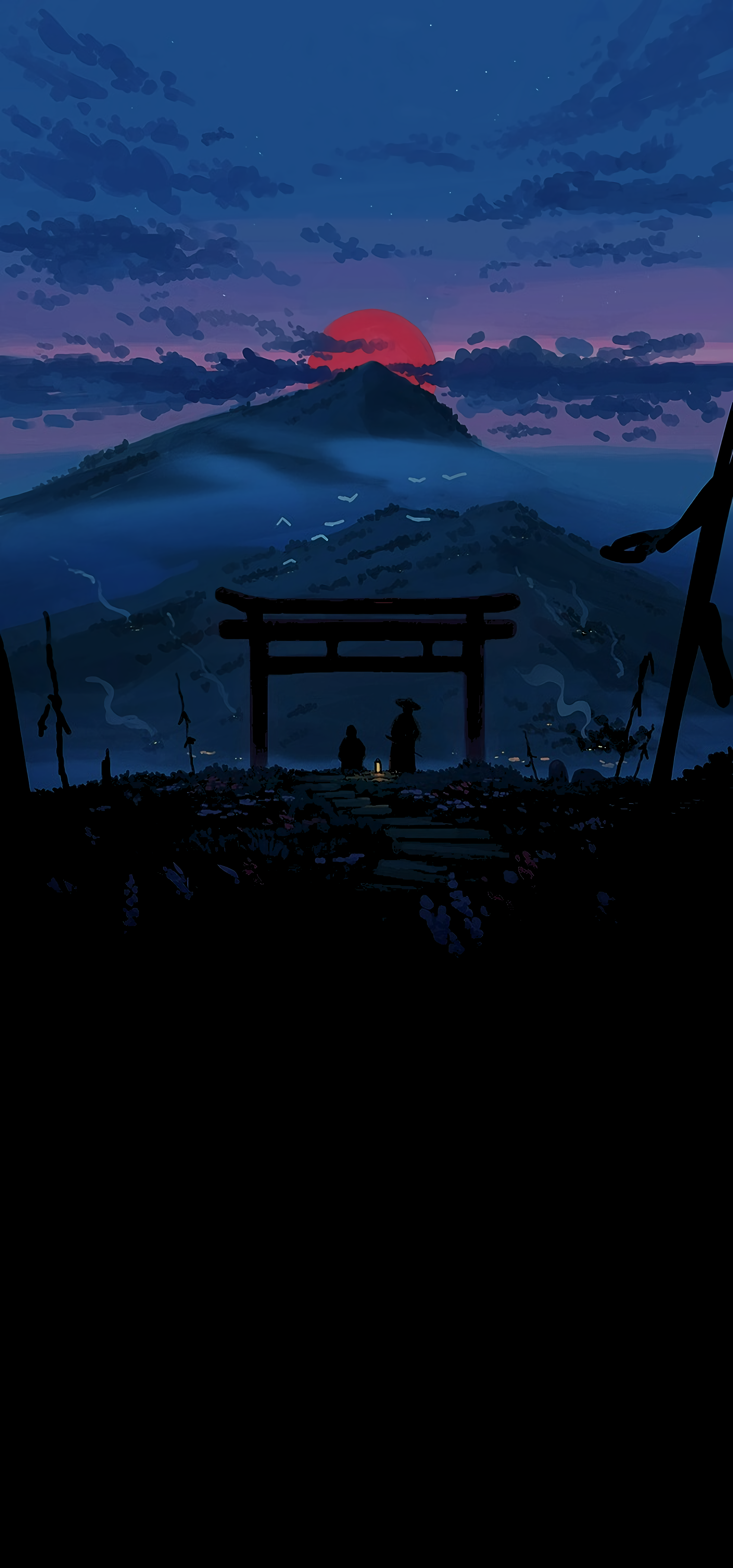 Ghost of Tsushima, Torii, Berge, Minimalistisch, Nacht, QHD+, Handy-Hintergrund im Hochformat