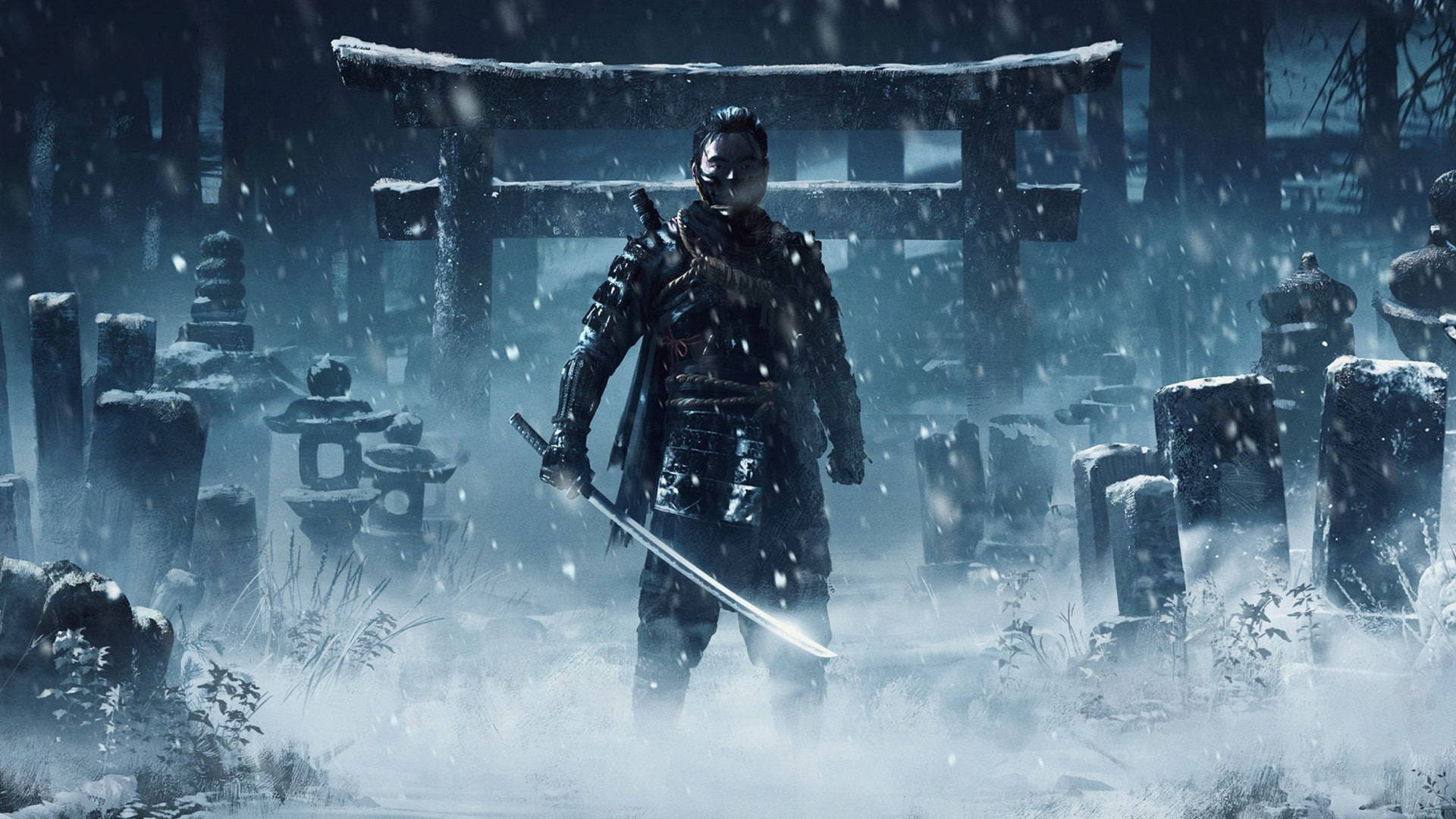 Jin Sakai, Ghost of Tsushima, Friedhof, Schnee, Torii, Katana, Full HD, Desktop-Hintergrund