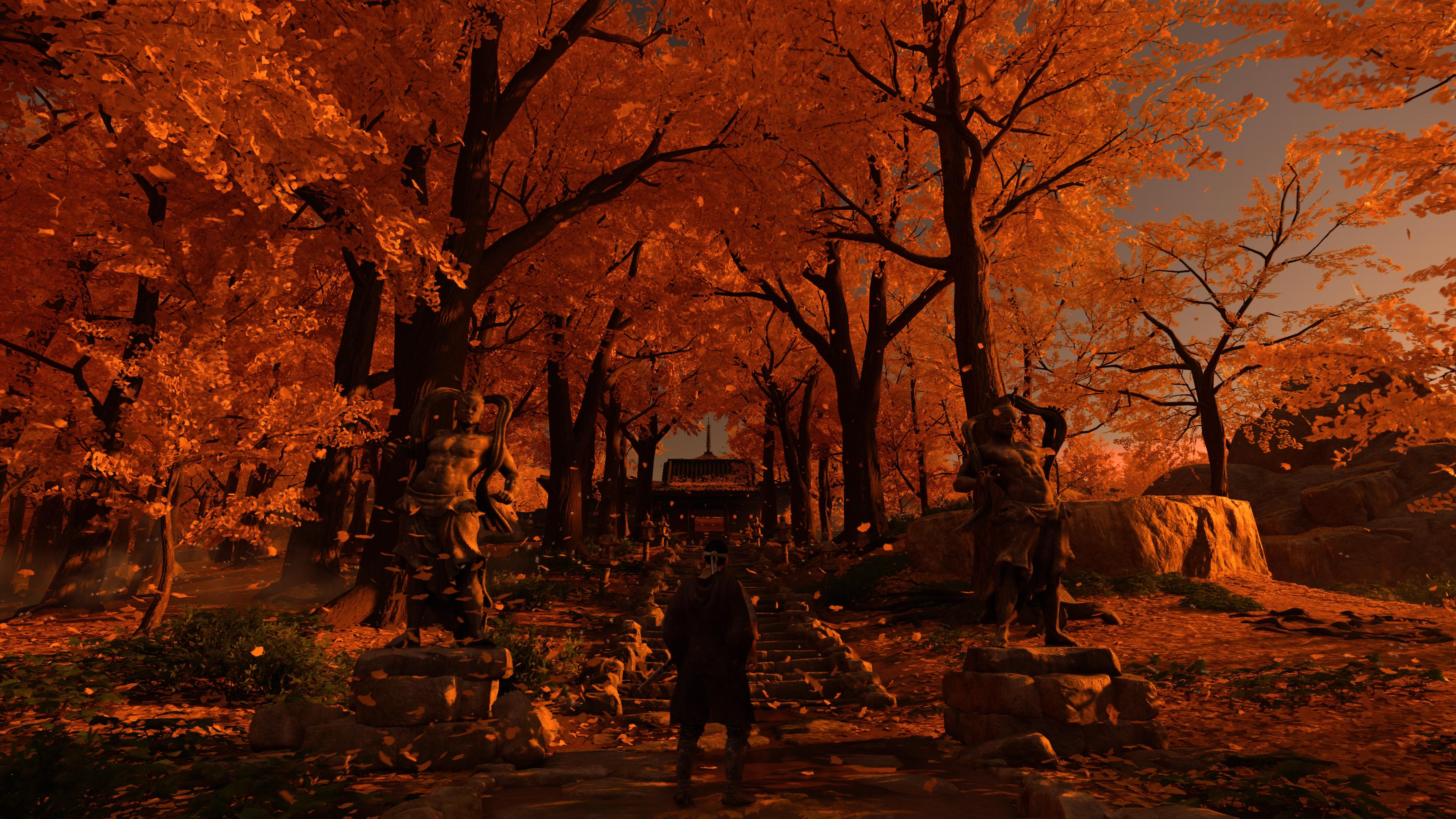 Ghost of Tsushima, Herbstwald, Orange Blätter, Tempel, Samurai, 4K-Hintergrundbild für PC