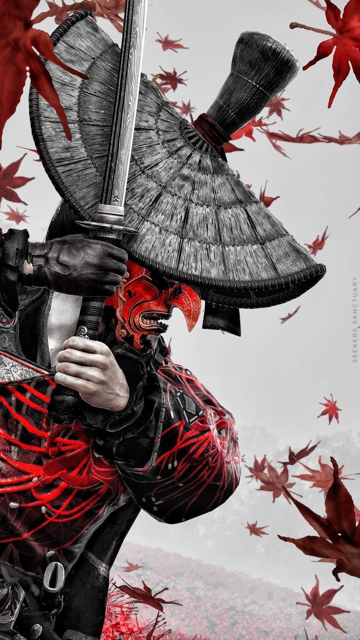 Ghost of Tsushima, Samurai, Fächer, Rote Blätter, Kunst, HD, Handy-Hintergrund