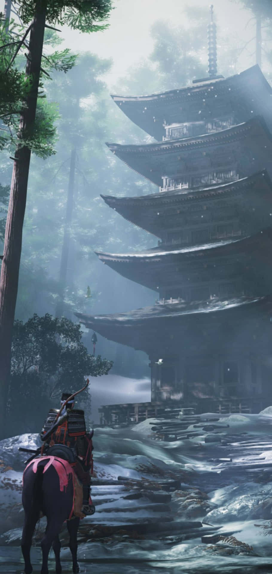 Ghost of Tsushima, Pagode, Reiter, Regen, Nebel, Hintergrundbild für iPhone und Android