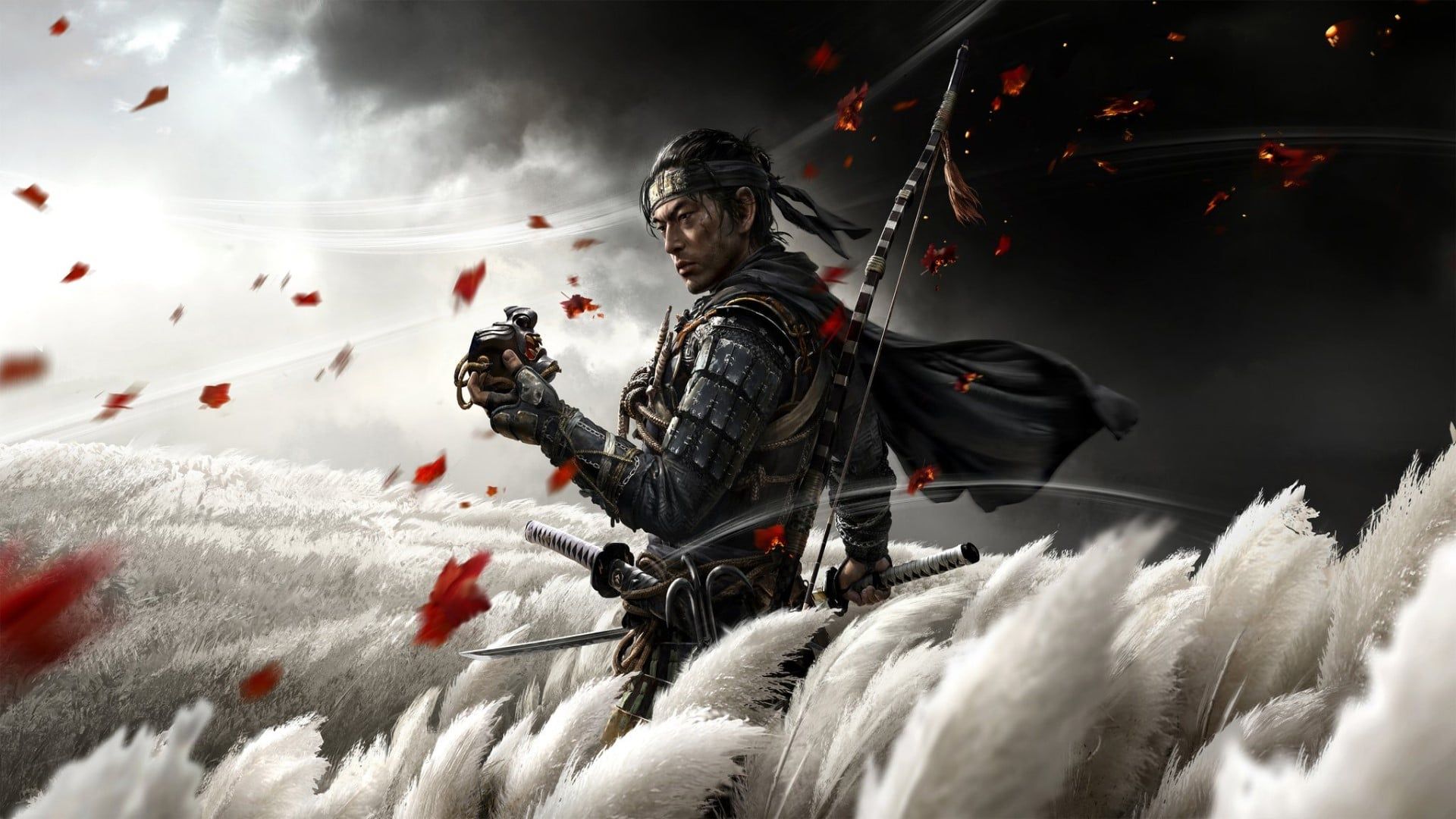 Jin Sakai, Ghost of Tsushima, Samurai, Pampasgras, Rote Blätter, Wind, Full-HD-Hintergrundbild für PC