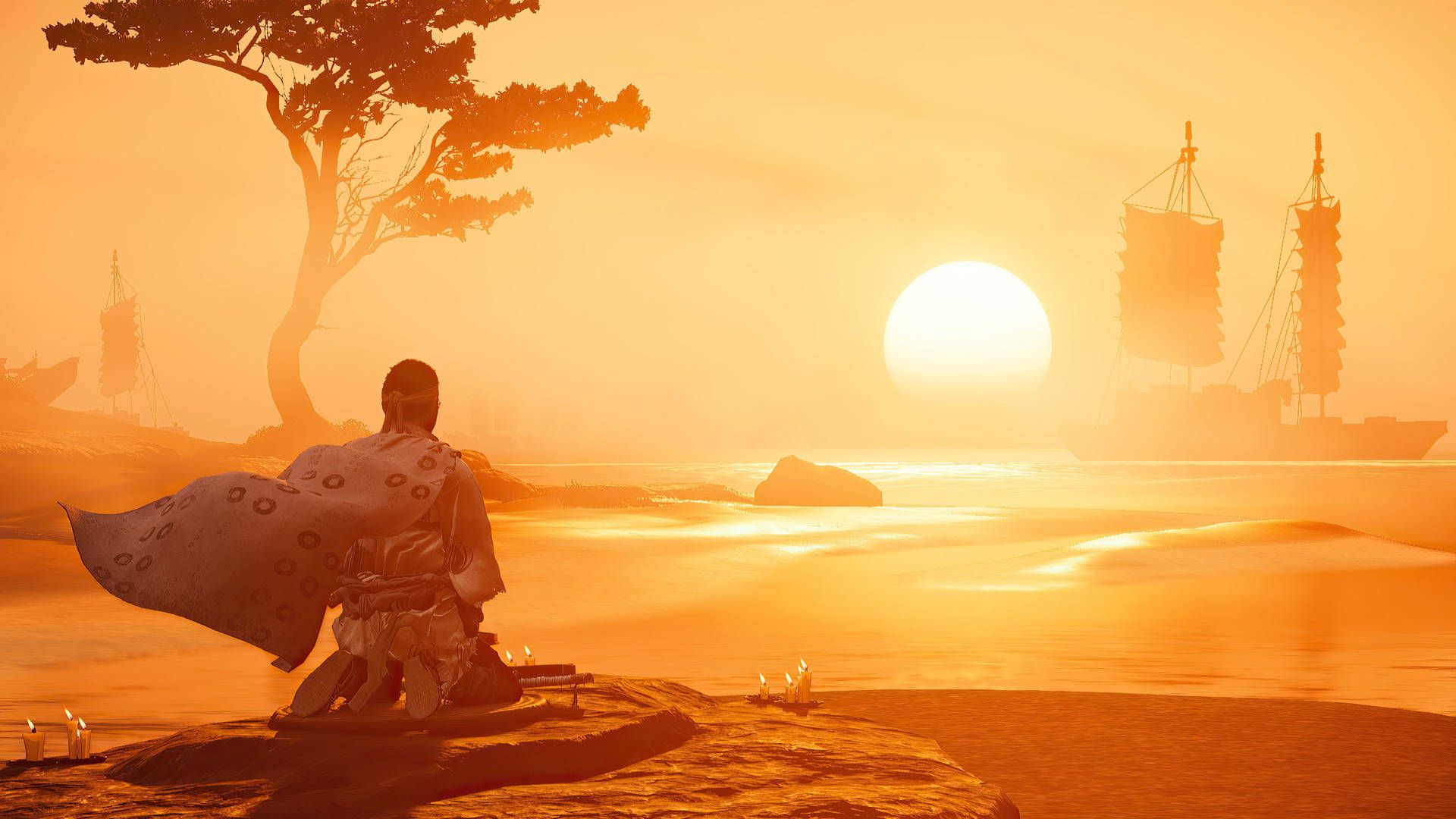 Ghost of Tsushima, Samurai, Meditation, Sonnenuntergang, Schiffe, Orange, Full HD, PC-Hintergrundbild