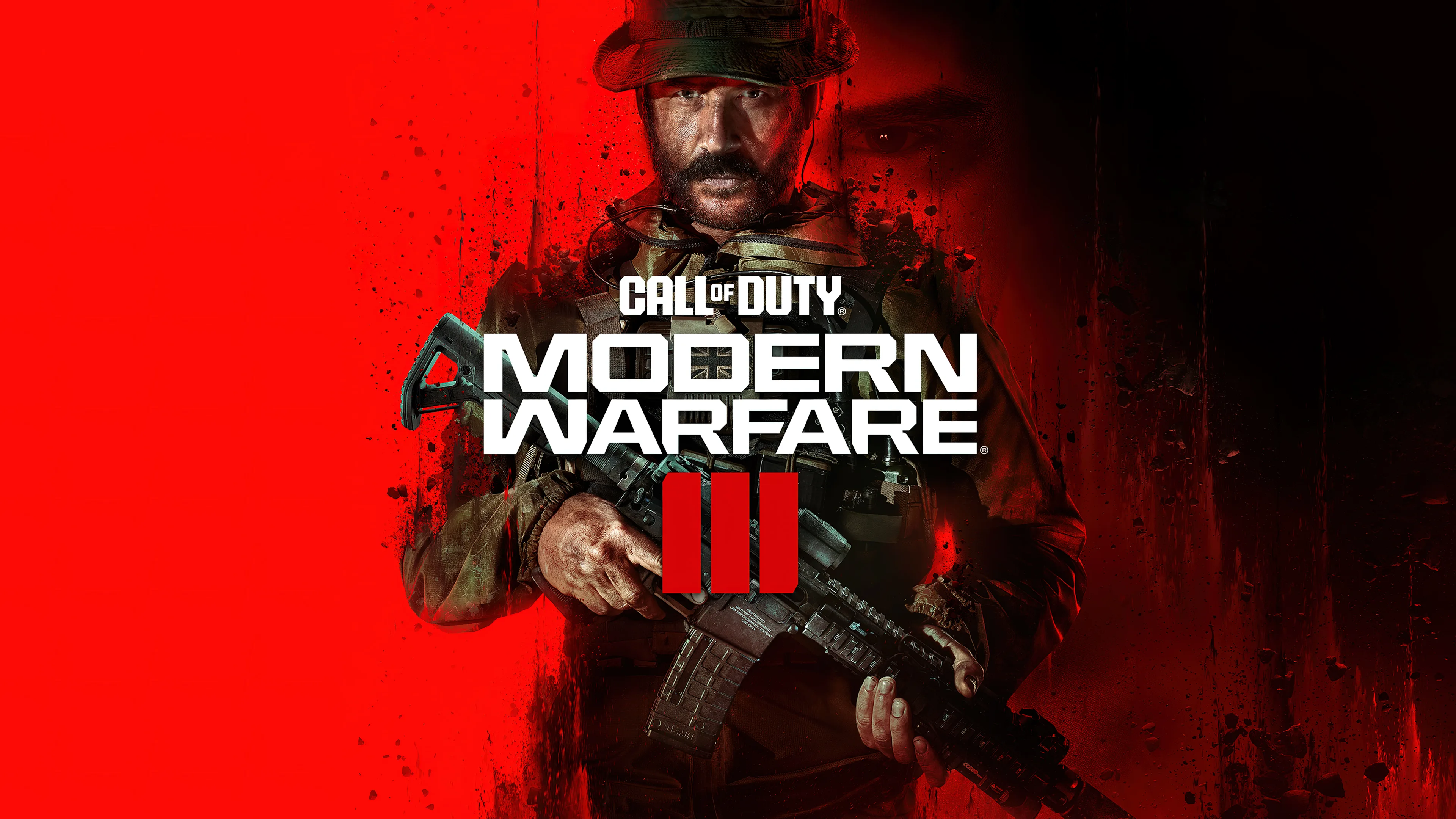 Captain Price, Call of Duty: Modern Warfare III, Soldat, Sturmgewehr, Roter Hintergrund, Keyart, 4K Wallpaper