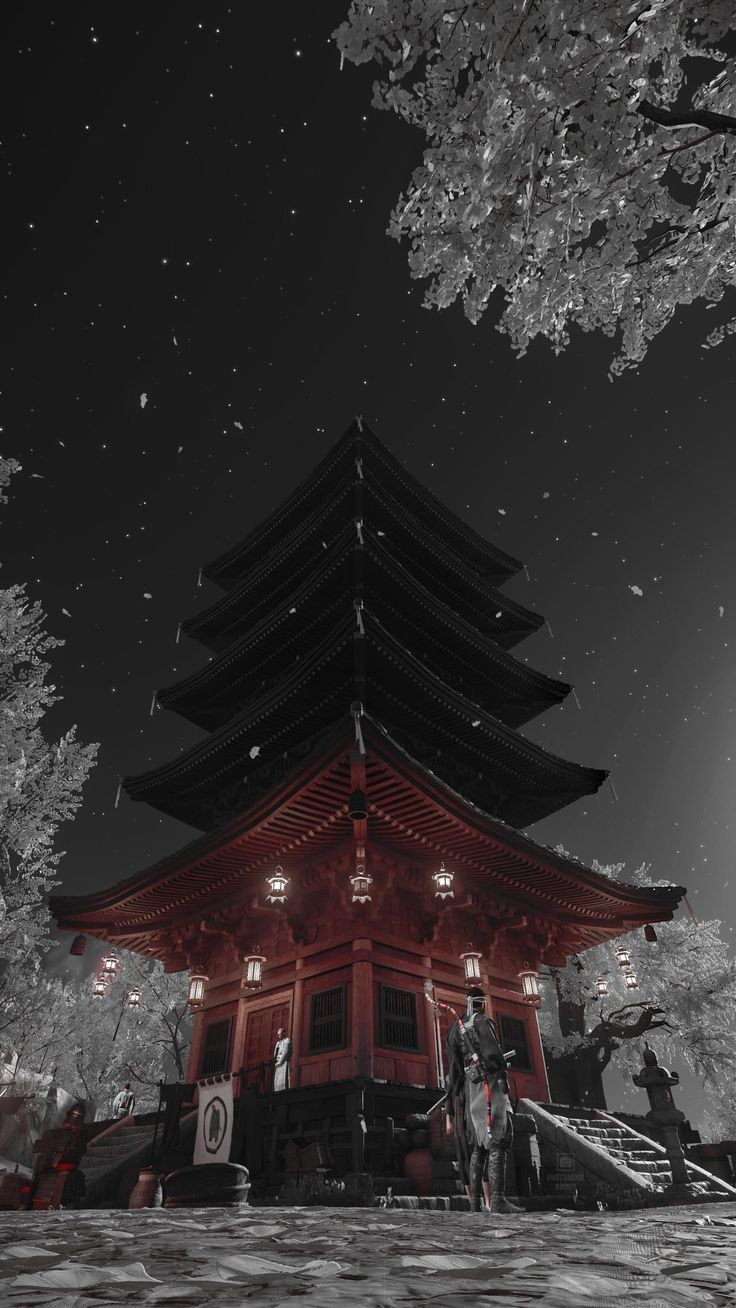 Ghost of Tsushima, Pagode, Schwarz-Weiß, Roter Tempel, Nacht, HD, iPhone-Hintergrundbild