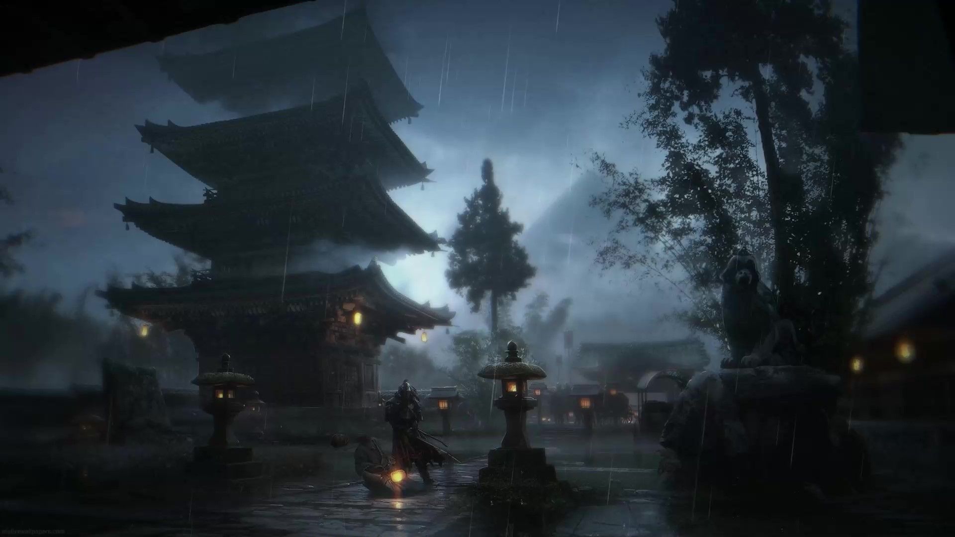 Ghost of Tsushima, Pagode, Tempel, Nacht, Laternen, Samurai, Full HD, Breitbild-Hintergrundbild