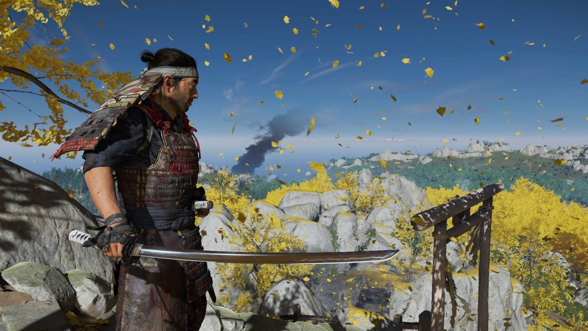 Jin Sakai, Ghost of Tsushima, Gelbe Blätter, Torii, Klippe, Katana, 1920x1080, Desktop-Hintergrund