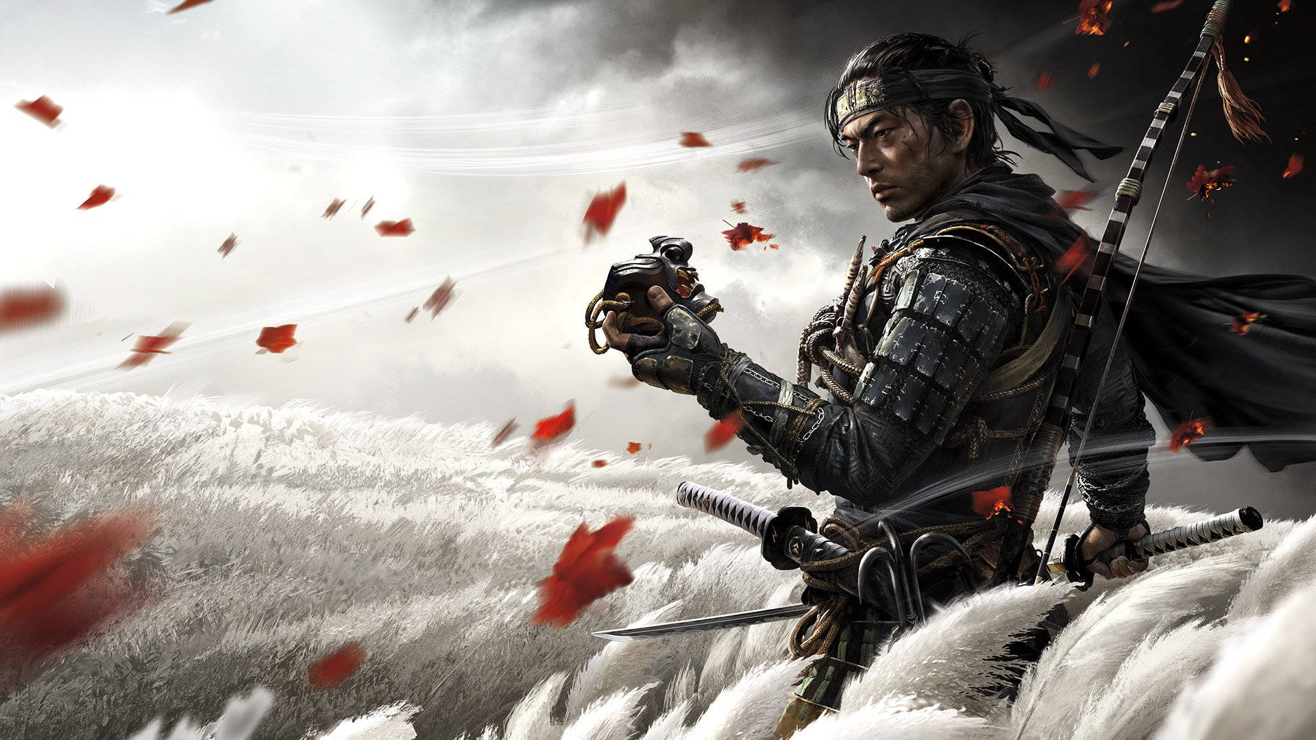 Jin Sakai, Ghost of Tsushima, Samurai-Rüstung, Pampasgras, Rote Blätter, Full HD, Windows-Hintergrundbild