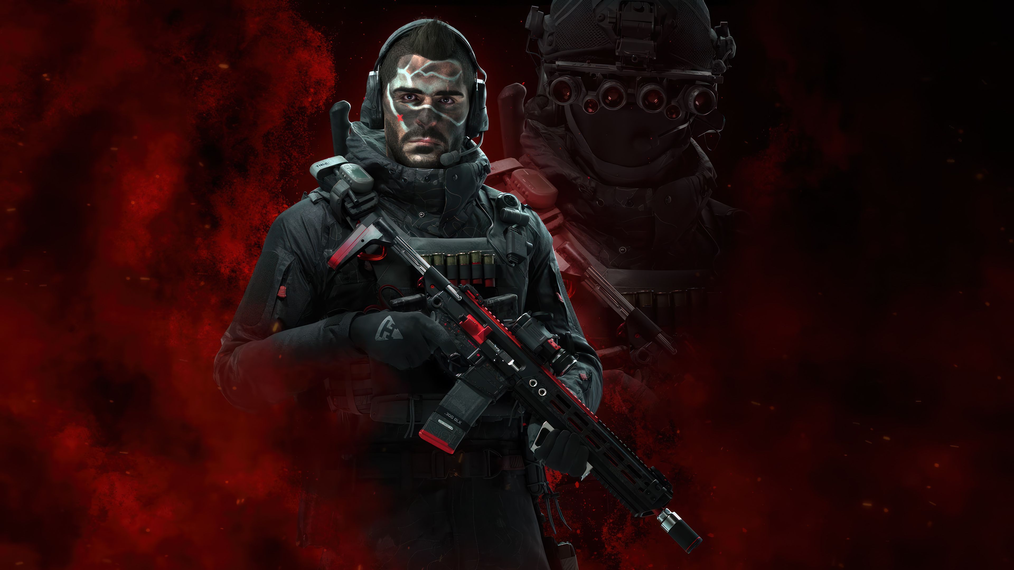 Ghost (Call of Duty), Totenkopfmaske, Sturmgewehr, Roter Hintergrund, Dunkel, 2160p Wallpaper