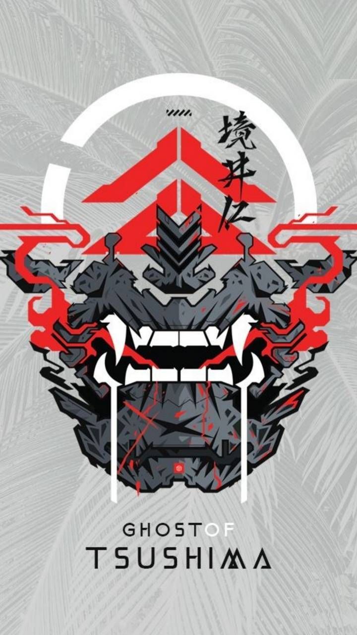 Ghost of Tsushima, Oni-Maske, Logo, Grafikdesign, Rot und Schwarz, Sperrbildschirm fürs iPhone