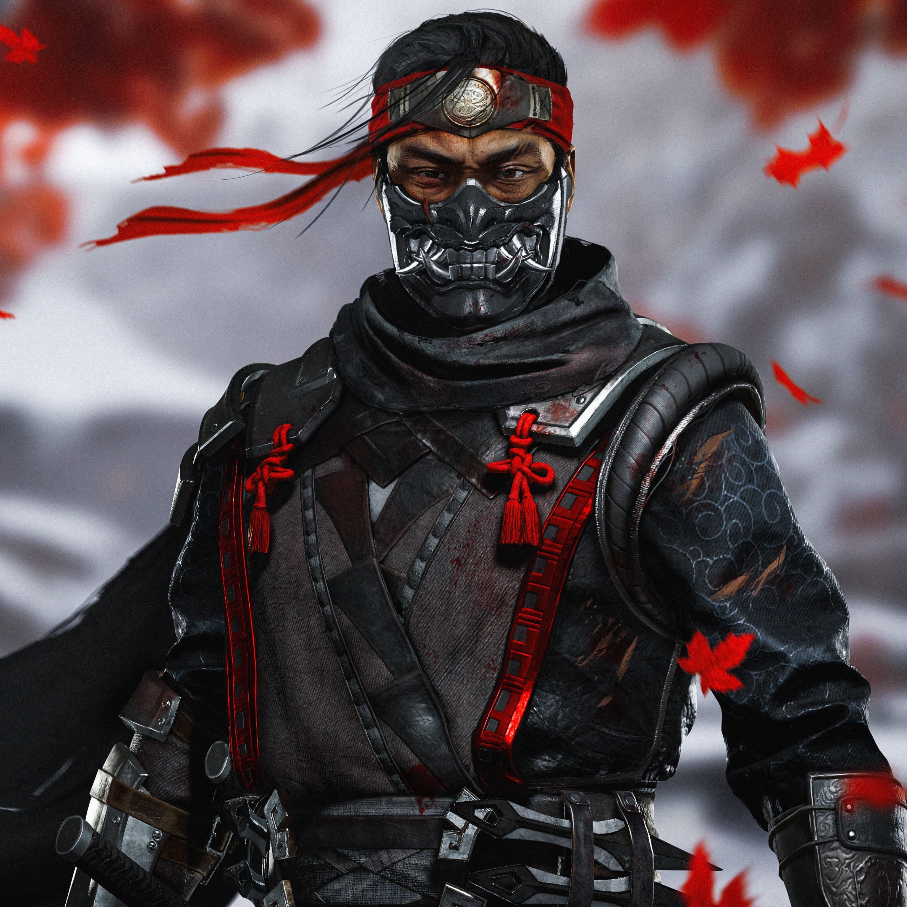 Ghost of Tsushima, Ghost-Rüstung, Maske, Samurai, Rote Akzente, 2K, Tablet-Hintergrund