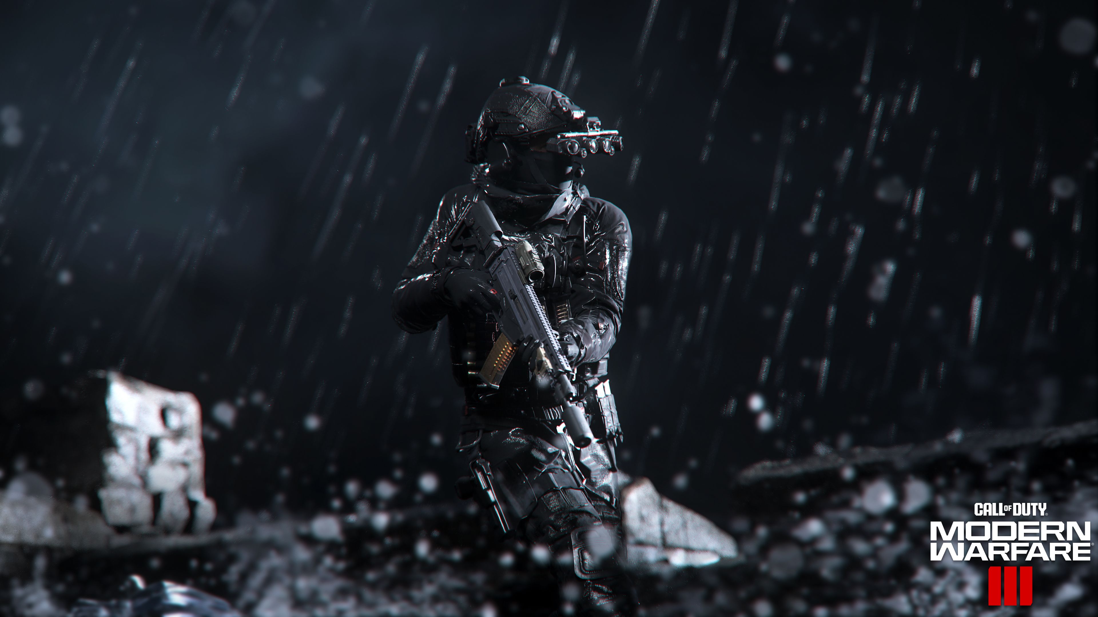 Soldat, Nachtsichtgerät, Regen, Nacht, Call of Duty: Modern Warfare III, 4K, Breitbild-Hintergrundbild