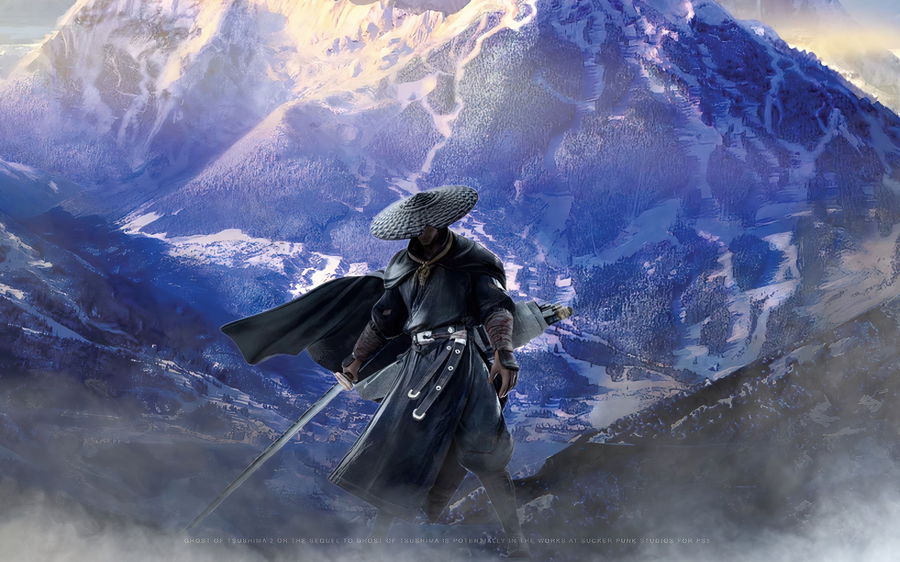 Ghost of Tsushima, Samurai, Strohhut, Schneeberge, Katana, 2K, Breitbild-Hintergrundbild