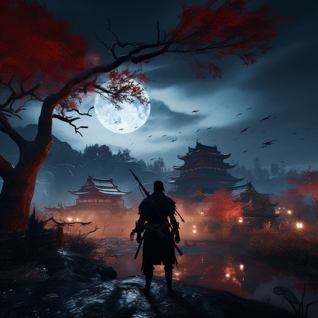 Ghost of Tsushima, Burg, Vollmond, Nacht, Rote Blätter, Samurai, Hintergrundbild fürs Tablet