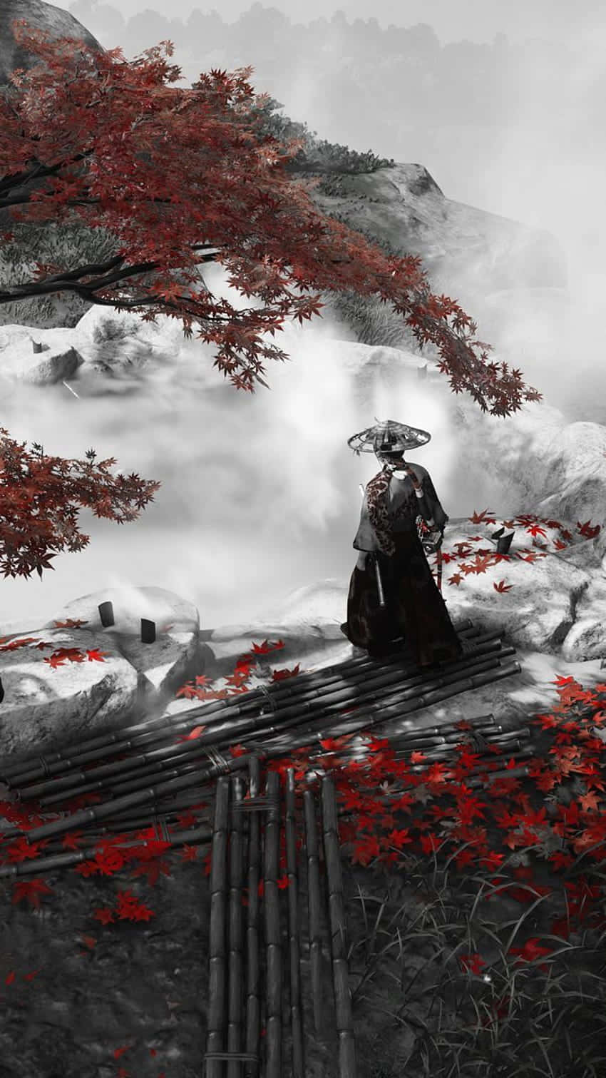 Ghost of Tsushima, Samurai, Schwarz-Weiß, Rote Blätter, Treppe, Android-Hintergrundbild