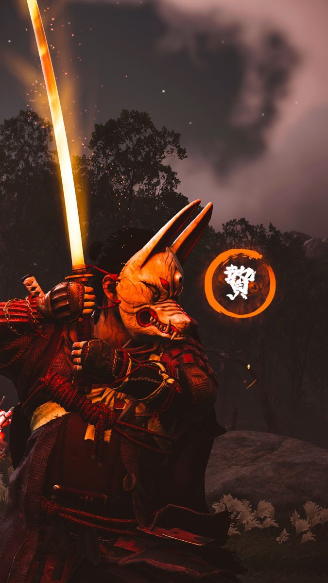 Ghost of Tsushima, Oni-Maske, Leuchtendes Katana, Dunkel, Krieger, Hintergrundbild fürs Handy