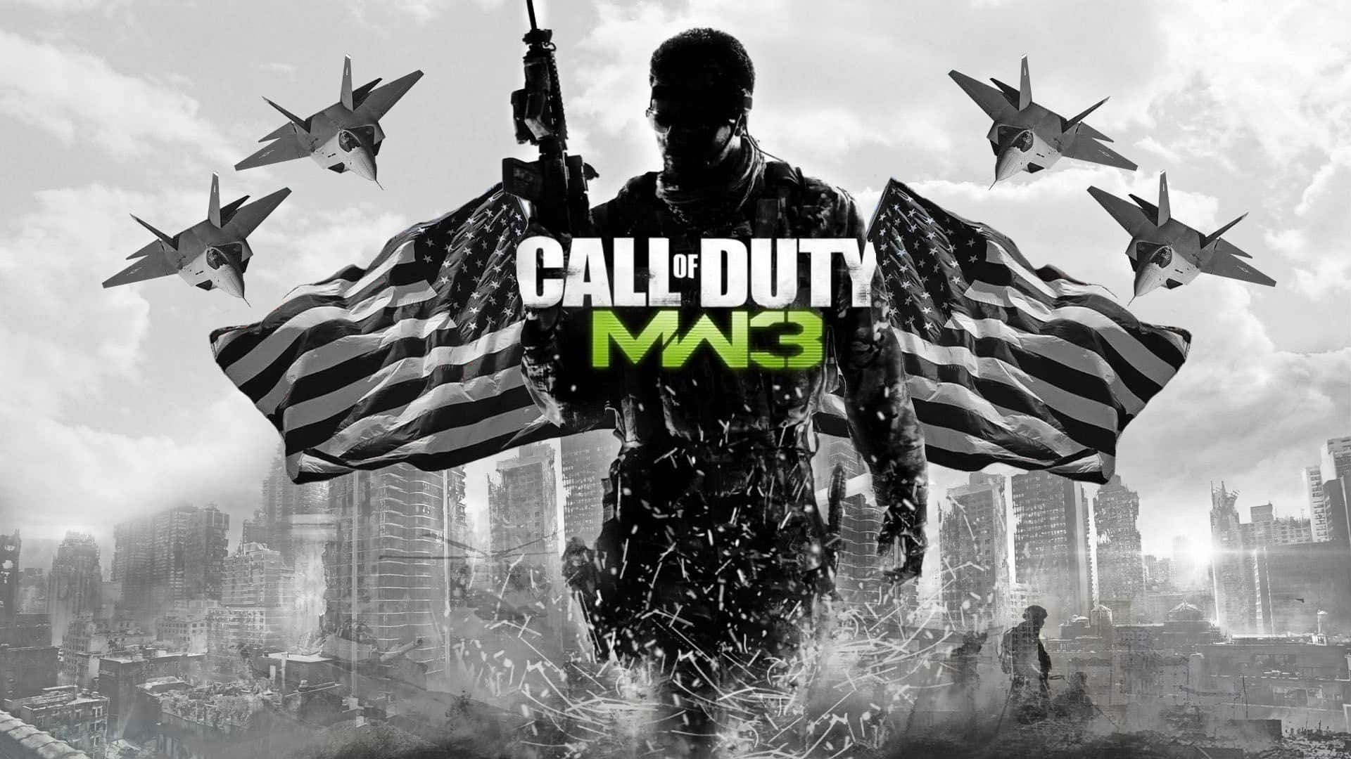 Call of Duty: Modern Warfare 3, MW3, US-Flagge, Kampfjets, Zerstörte Stadt, Schwarz-Weiß, Full-HD-Hintergrundbild