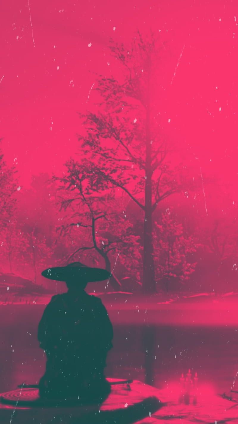 Ghost of Tsushima, Samurai, Strohhut, Pinker Filter, Baum, HD, Handy-Hintergrundbild