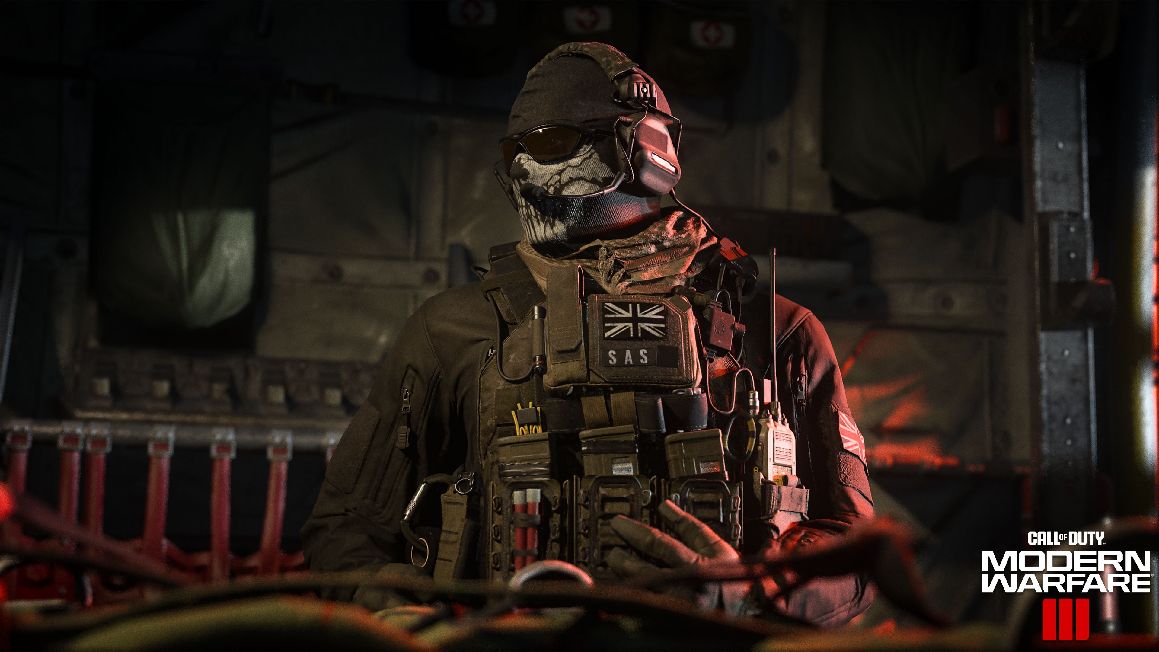 Ghost (Call of Duty), Totenkopfmaske, Taktische Weste, Militärflugzeug, Dunkel, 4K-PC-Hintergrundbild