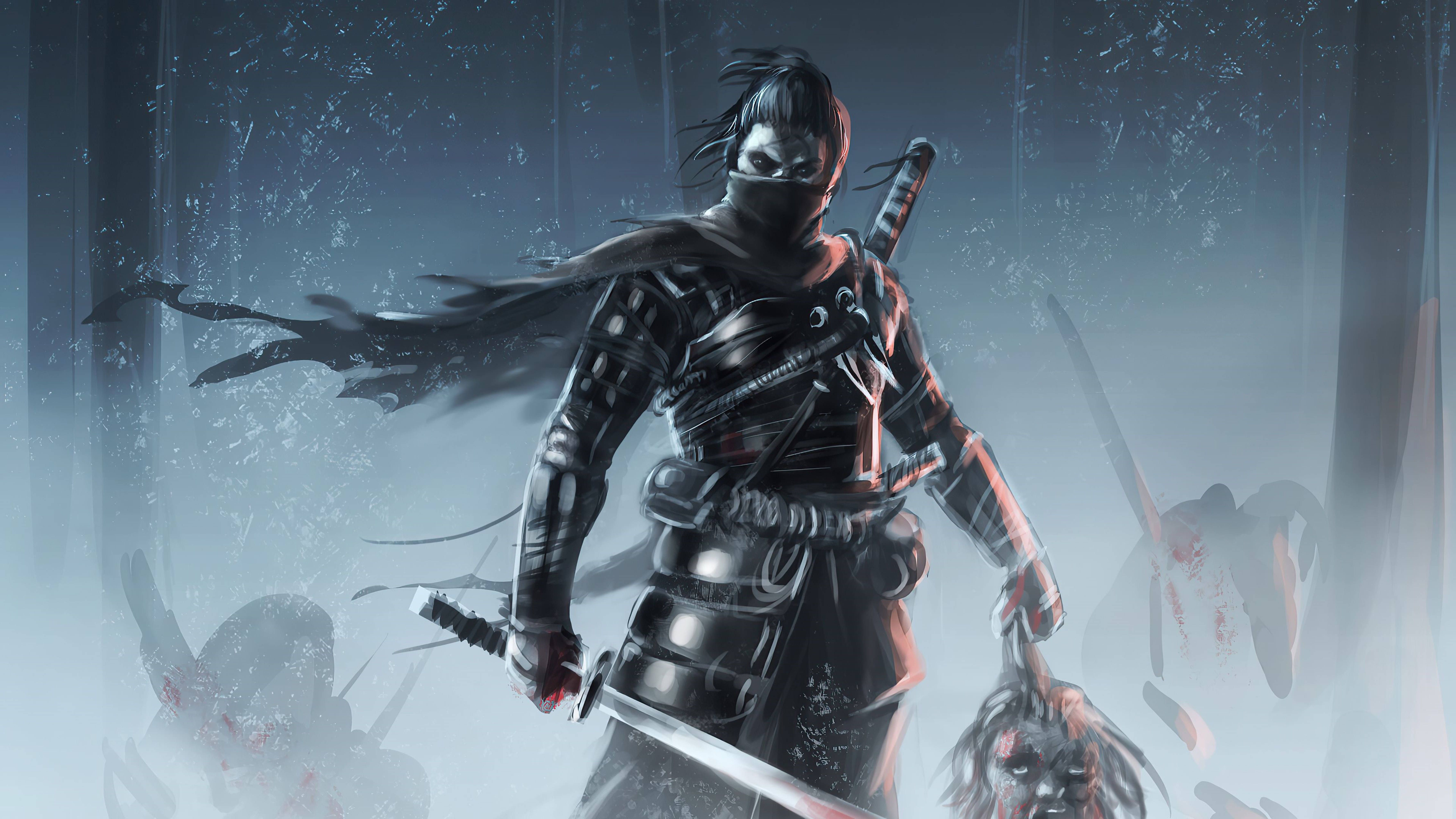 Jin Sakai, Ghost of Tsushima, Maske, Katana, Schnee, Kampf, 6K, Windows-Hintergrundbild