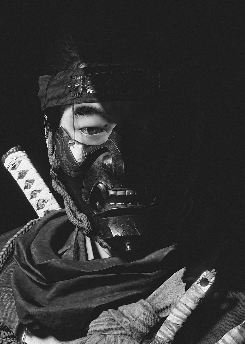 Jin Sakai, Ghost of Tsushima, Schwarz-Weiß, Porträt, Samurai, HD, iPad-Hintergrundbild