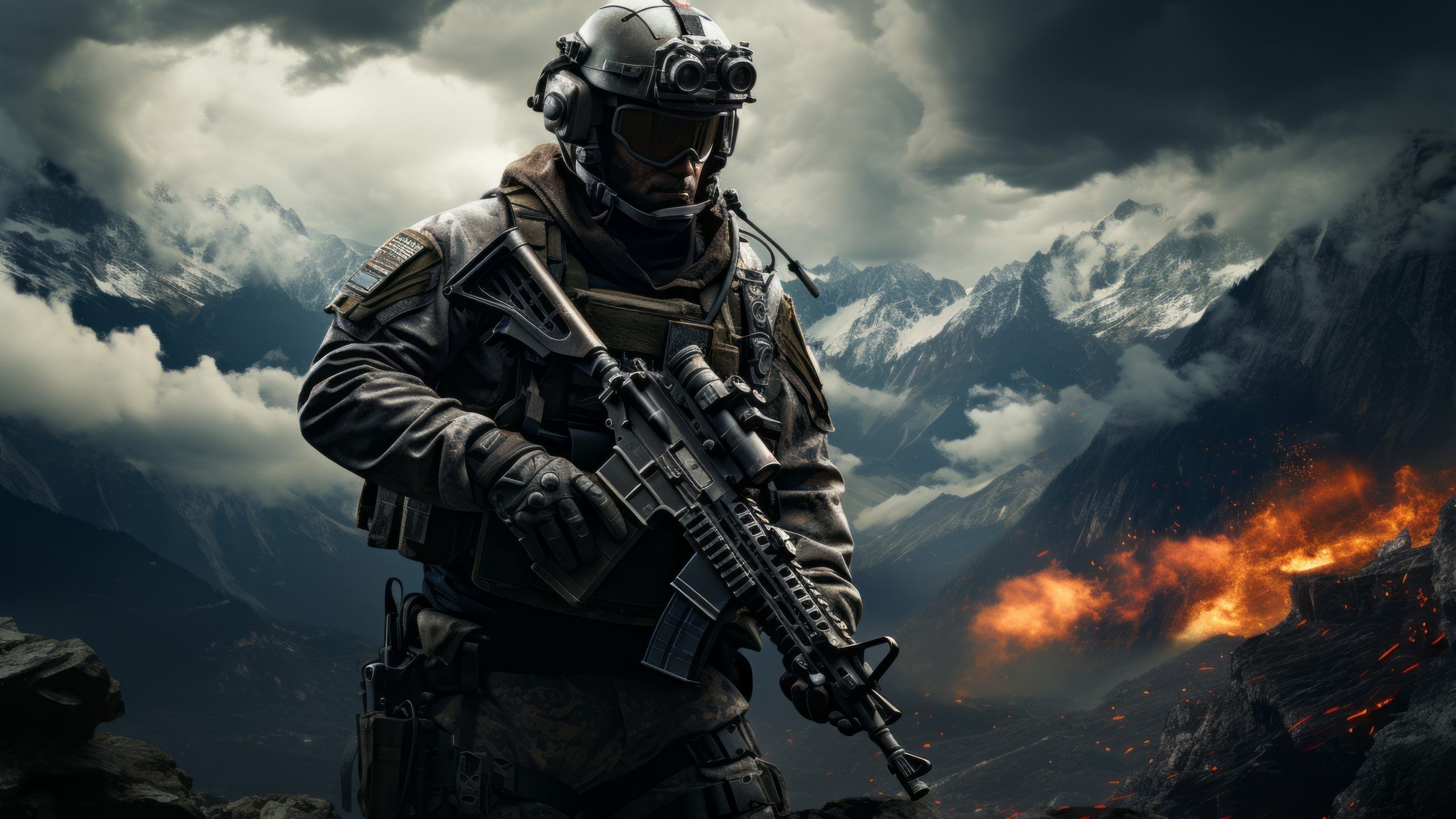 Soldat, Gebirge, Feuer, Sturmgewehr, Wolken, Militär, 2K, Hintergrund für den Desktop