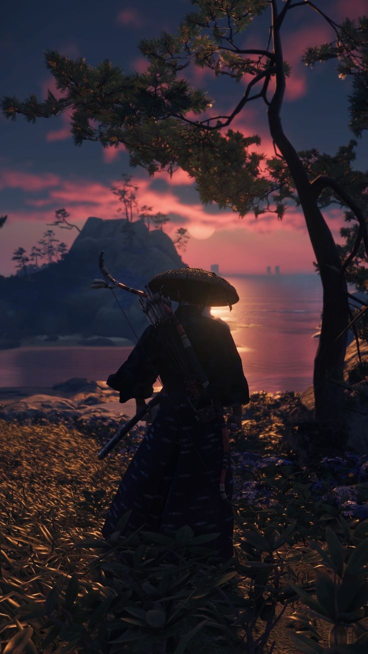 Ghost of Tsushima, Samurai, Strohhut, Abendrot, Küste, Hochformat, Hintergrundbild fürs Smartphone