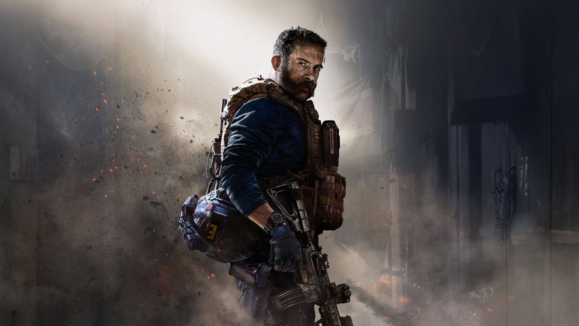Captain Price, Soldat, Rauch, Gewehr, Lichtstrahlen, 16:9, Full-HD-Hintergrundbild für den Desktop