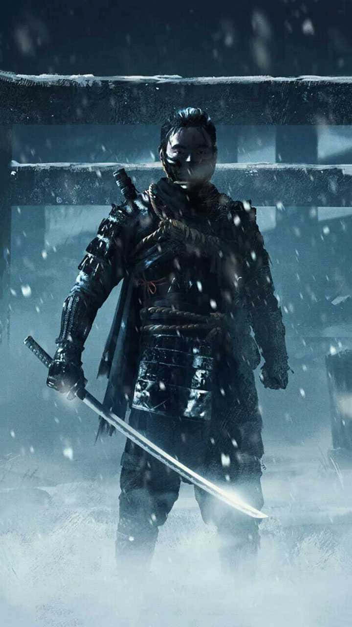 Jin Sakai, Ghost of Tsushima, Schnee, Katana, Torii, HD, Sperrbildschirm fürs iPhone