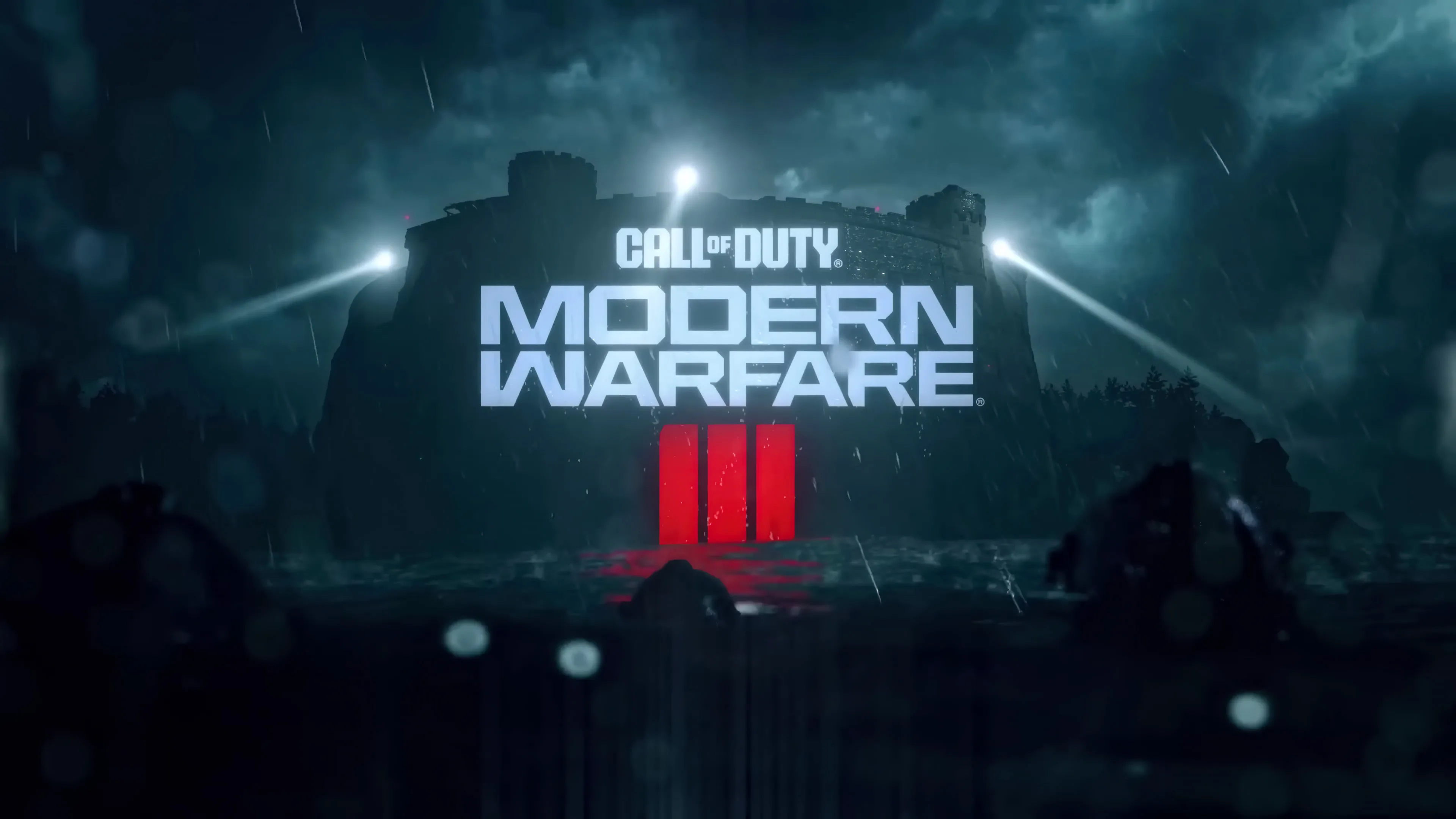 Call of Duty: Modern Warfare III, Logo, Scheinwerfer, Nacht, Blau, 3840x2160, PC-Hintergrundbild