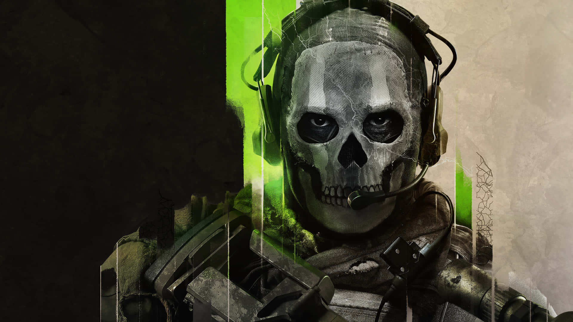 Ghost (Call of Duty), Totenkopfmaske, Headset, Nahaufnahme, Grüne Akzente, Full HD, Windows-Hintergrundbild