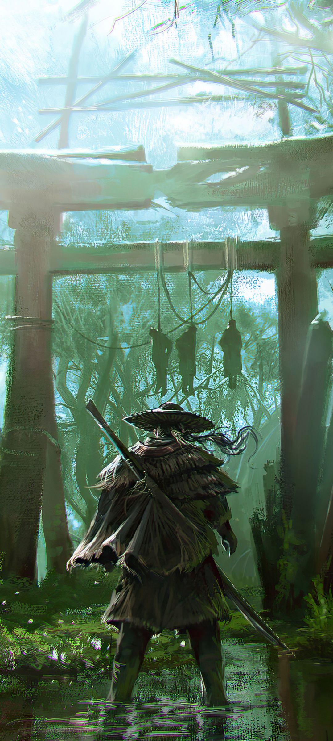 Ghost of Tsushima, Torii, Wald, Samurai, Strohhut, Grün, Full HD, Handy-Hintergrund