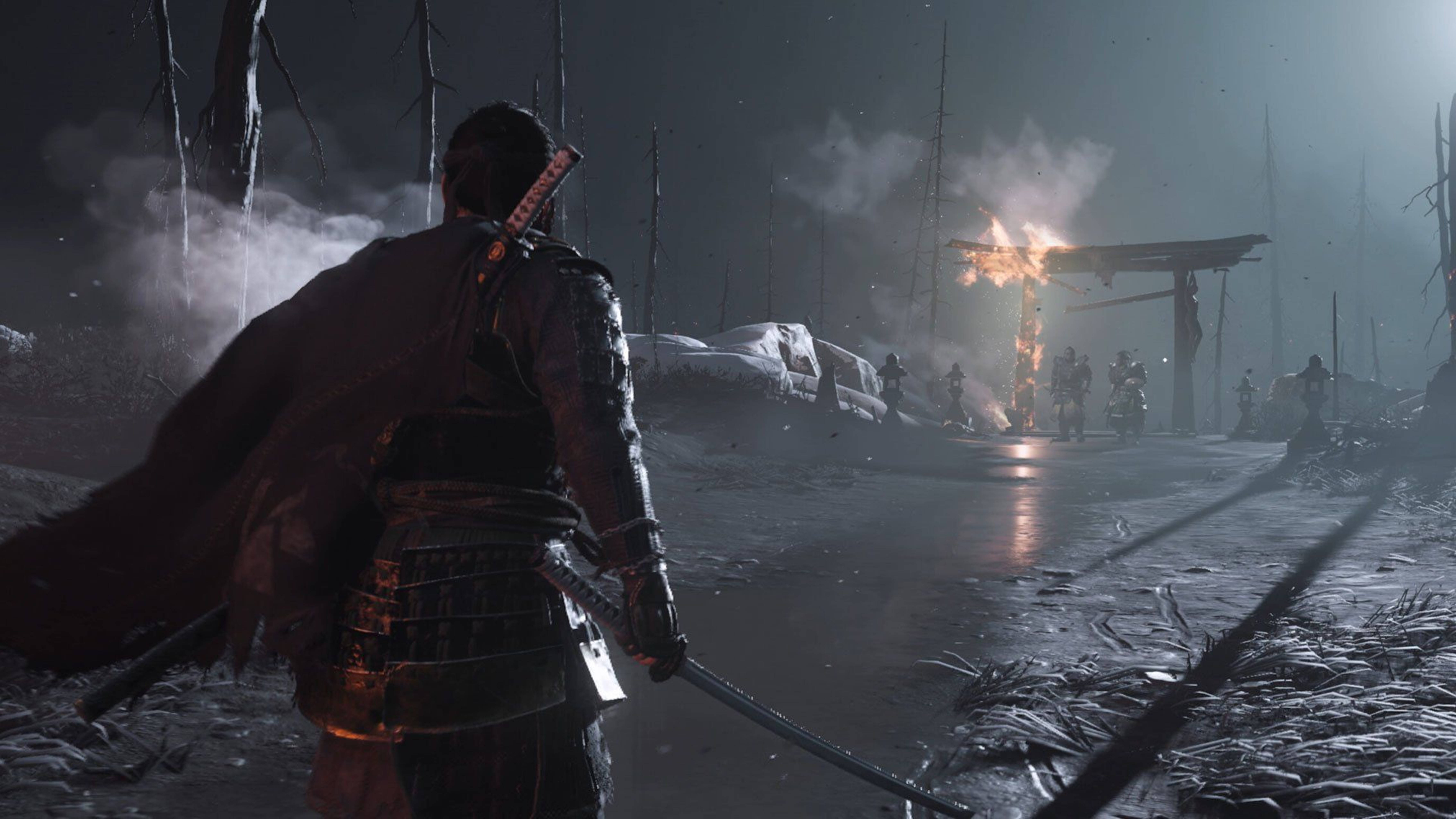 Jin Sakai, Ghost of Tsushima, Umhang, Torii, Feuer, Nacht, 6K, PC-Hintergrundbild