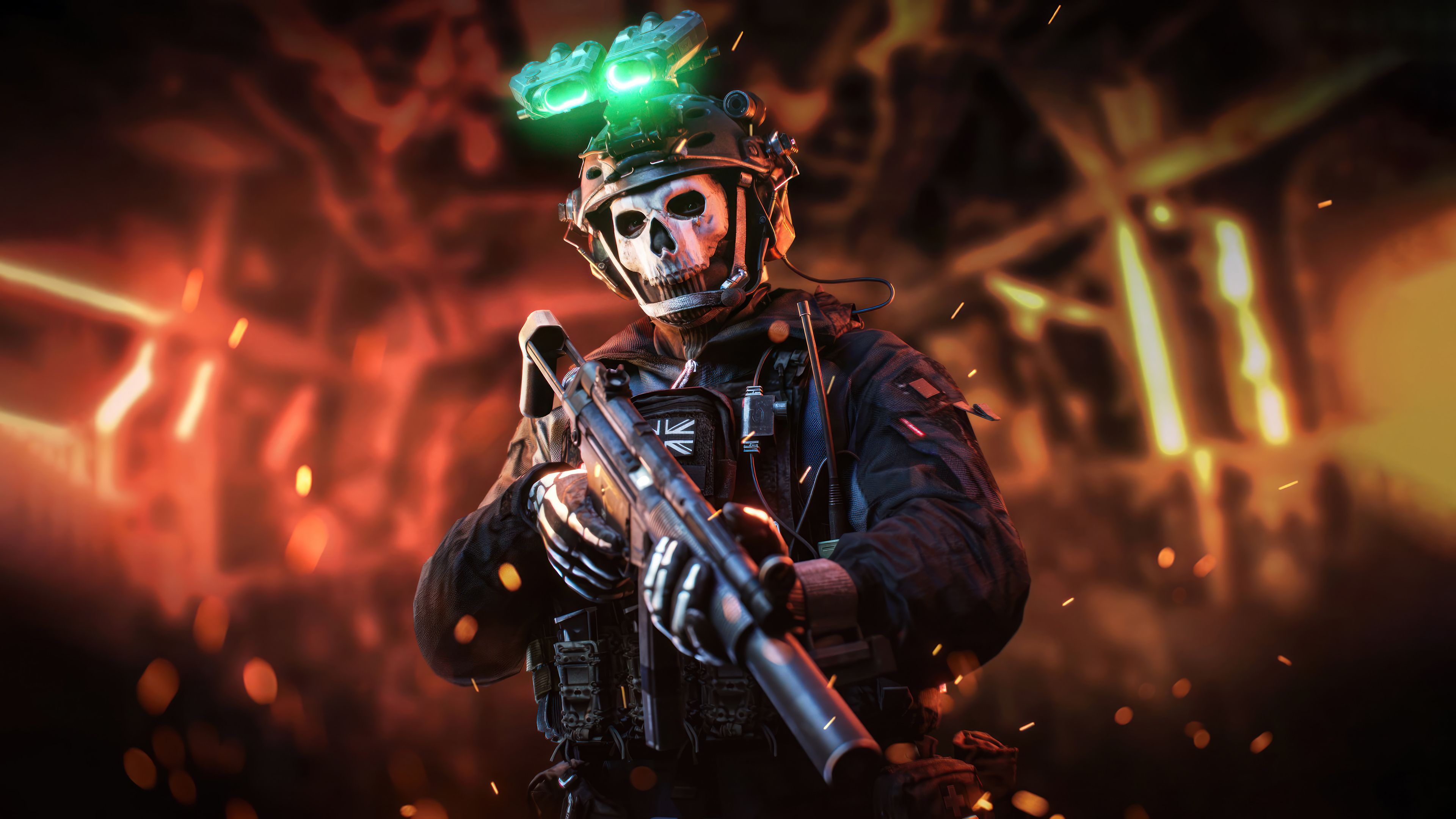 Ghost (Call of Duty), Totenkopfmaske, Nachtsichtgerät, Funken, Orangetöne, 3840x2160, Desktop-Hintergrund