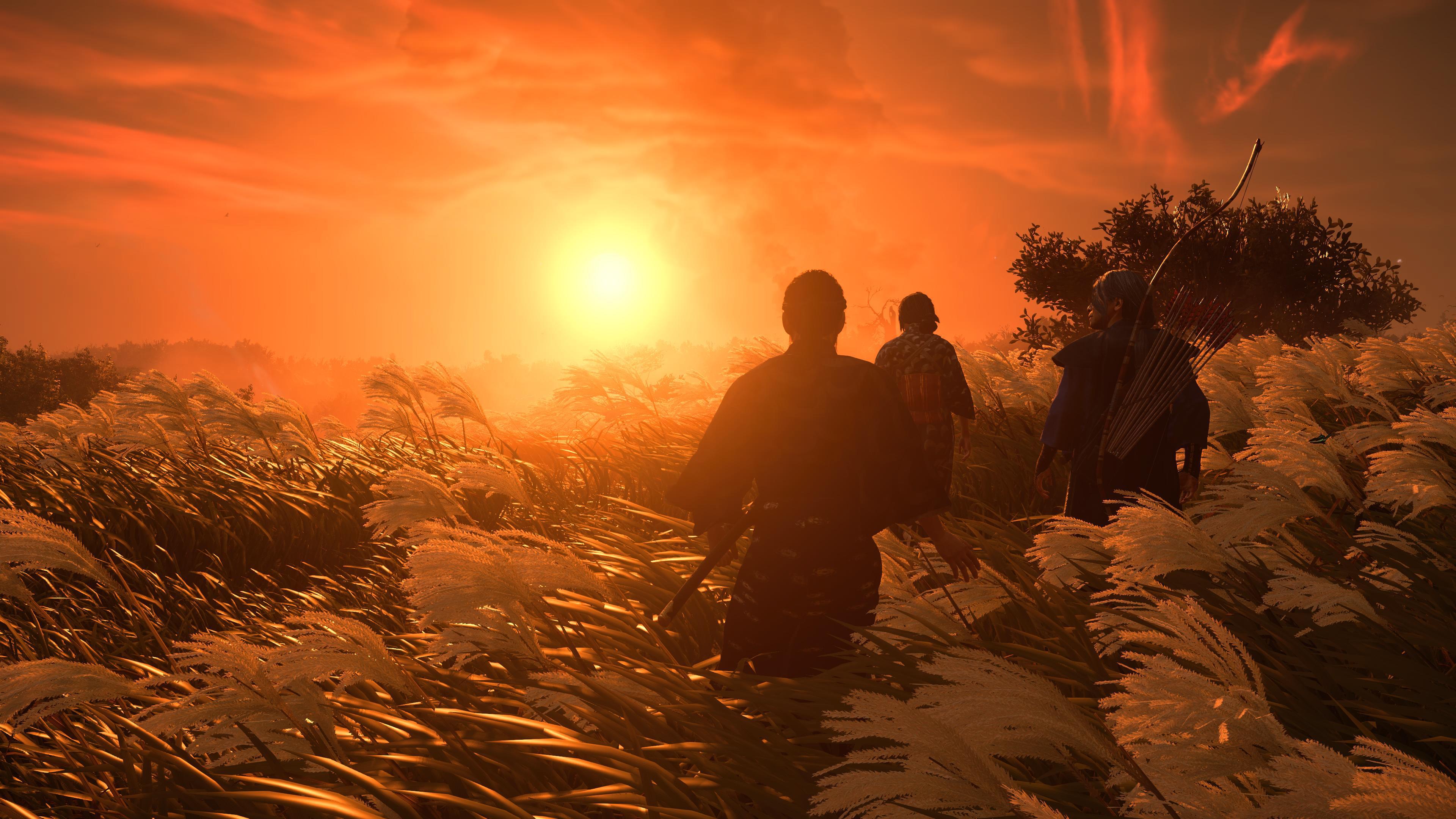 Ghost of Tsushima, Sonnenuntergang, Samurai, Grasfeld, Orange, 4K, Windows-Hintergrundbild